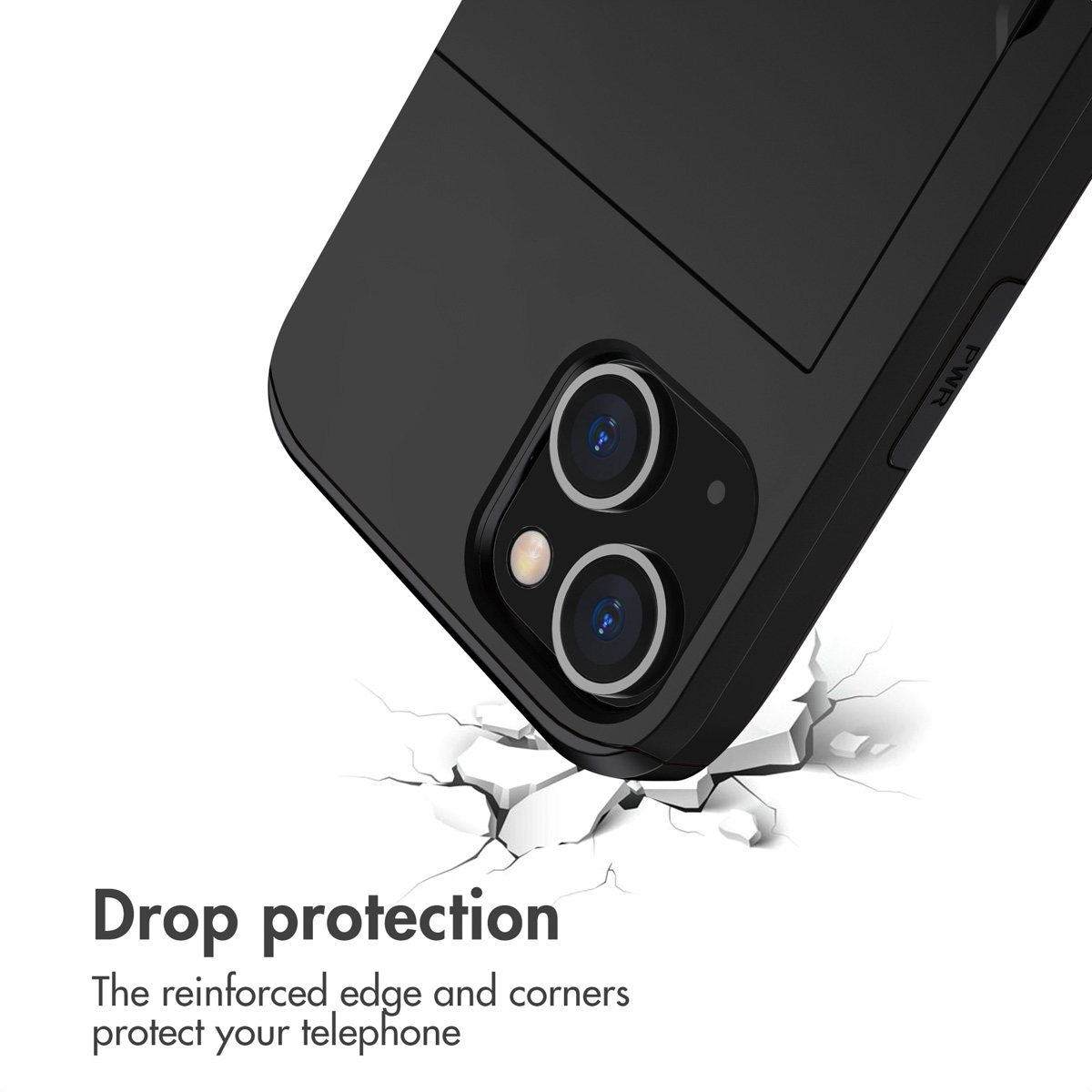 Une coque de téléphone noire avec double caméra heurte une surface blanche fissurée.