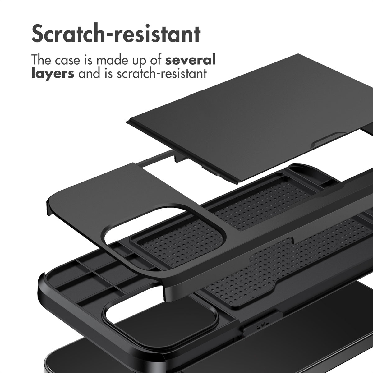 Vue éclatée d'une coque de protection noire multicouche et résistante aux rayures.