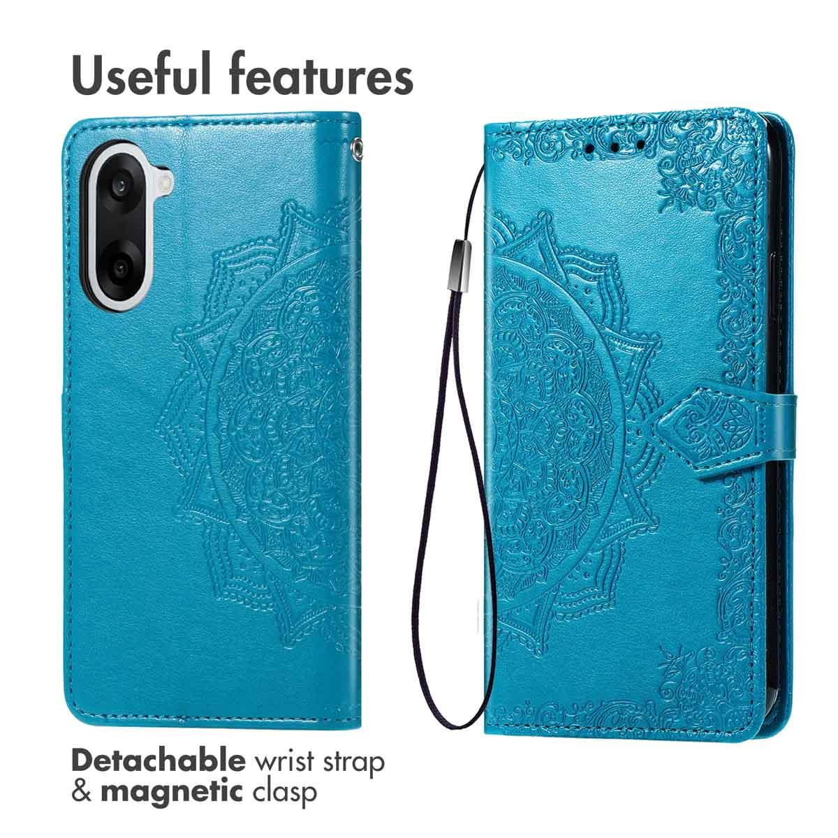 Custodia per telefono blu con motivo mandala, cinturino e chiusura magnetica.