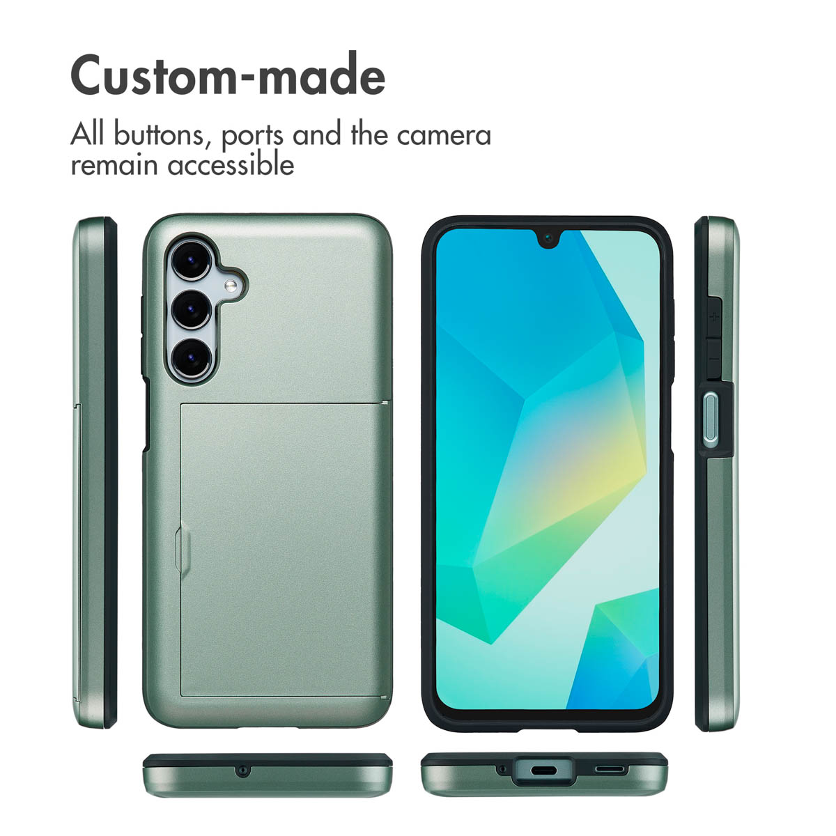Grüne Schutzhülle für Smartphones mit Kartenfach und freiliegenden Anschlüssen aus mehreren Blickwinkeln.