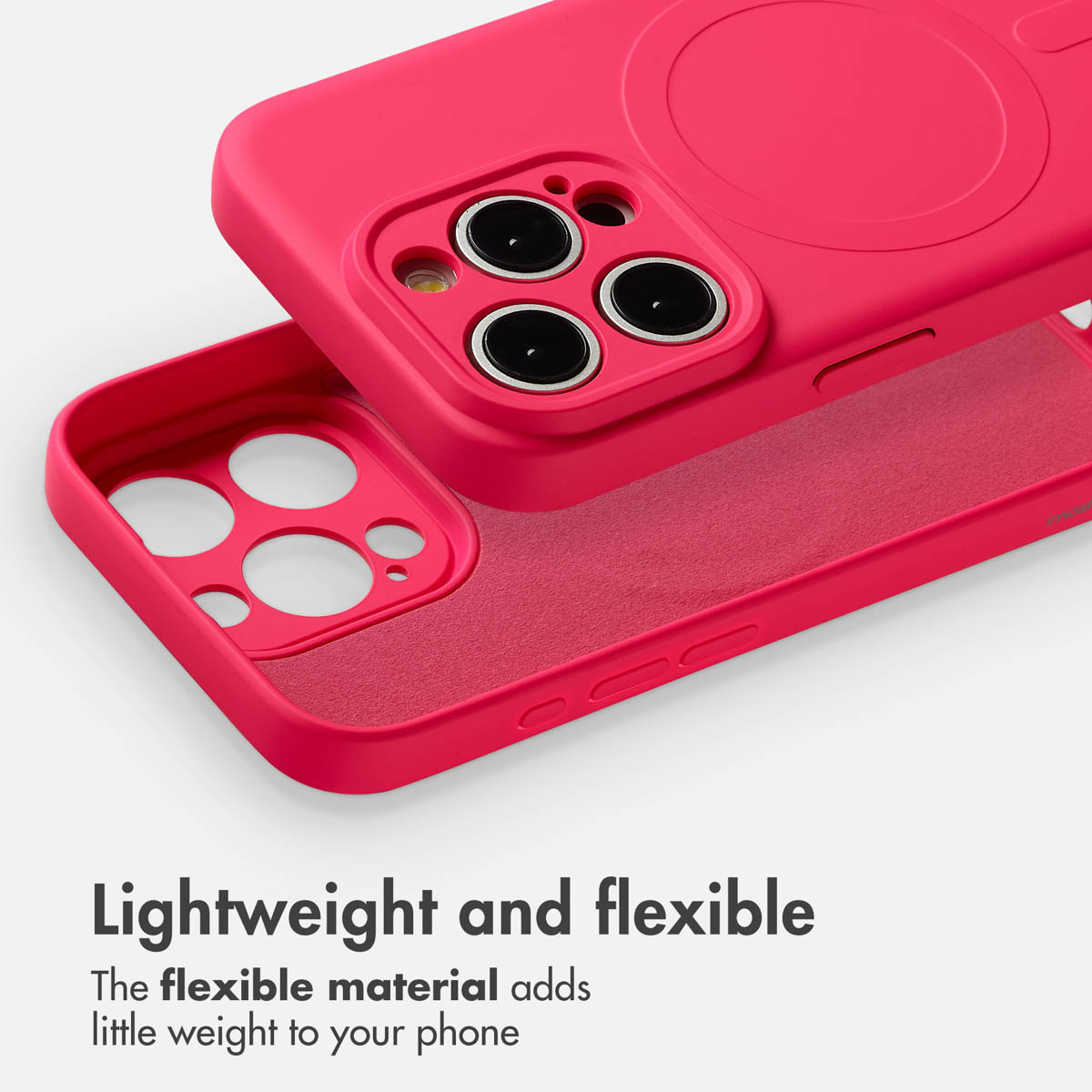 Una custodia per iPhone rosa acceso con morbida fodera interna e cerchio magnetico sul retro.