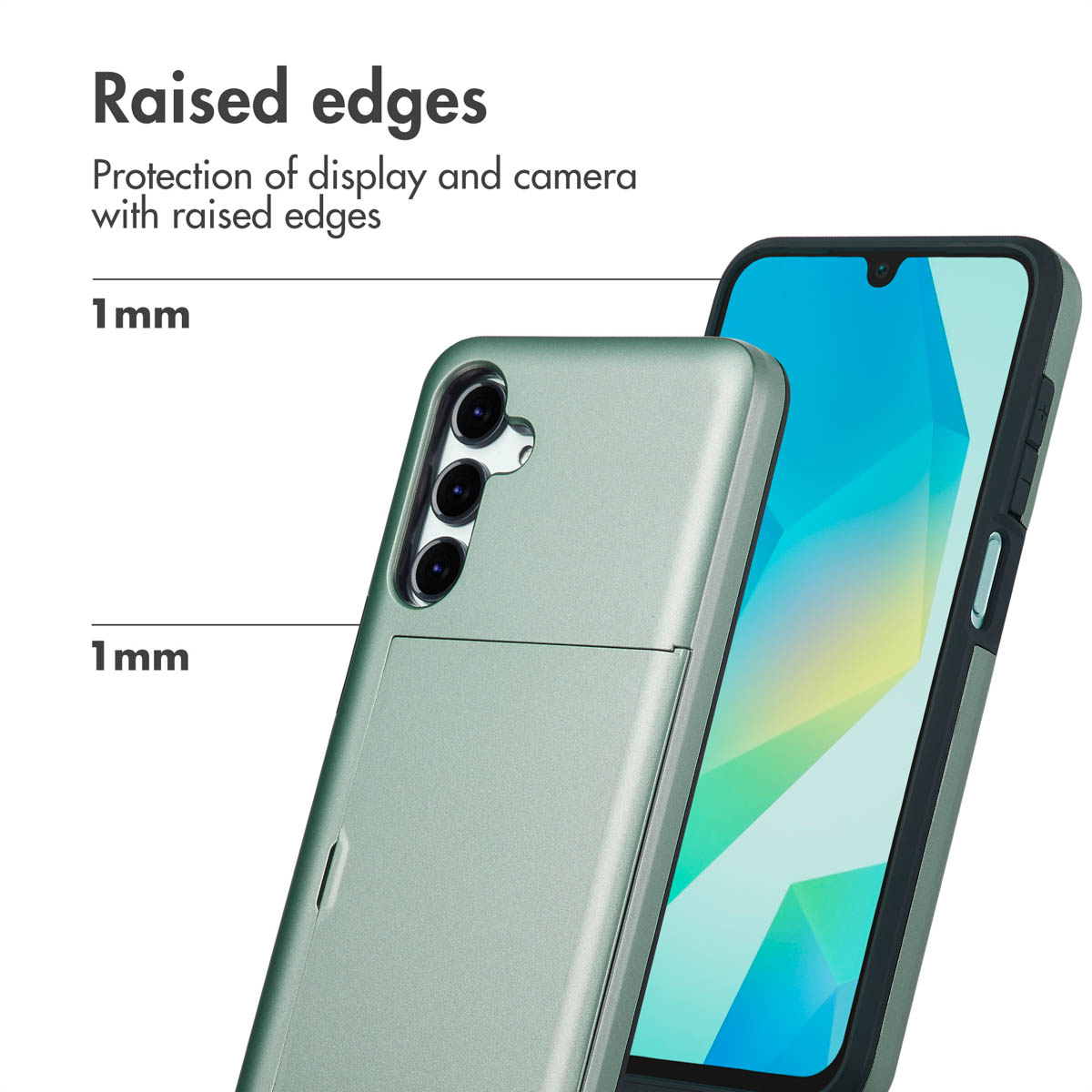Diagramm zeigt erhöhte Kanten einer grünen Handyhülle zum Schutz von Display und Kamera.
