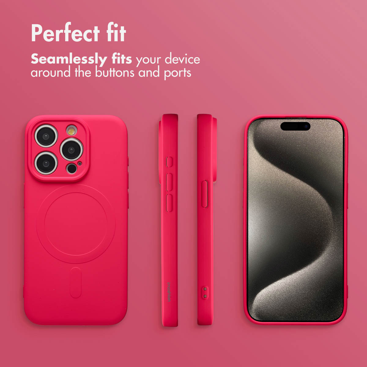 Smartphone rosa in custodia protettiva mostrato da varie angolazioni con testo Perfect fit su sfondo rosa.