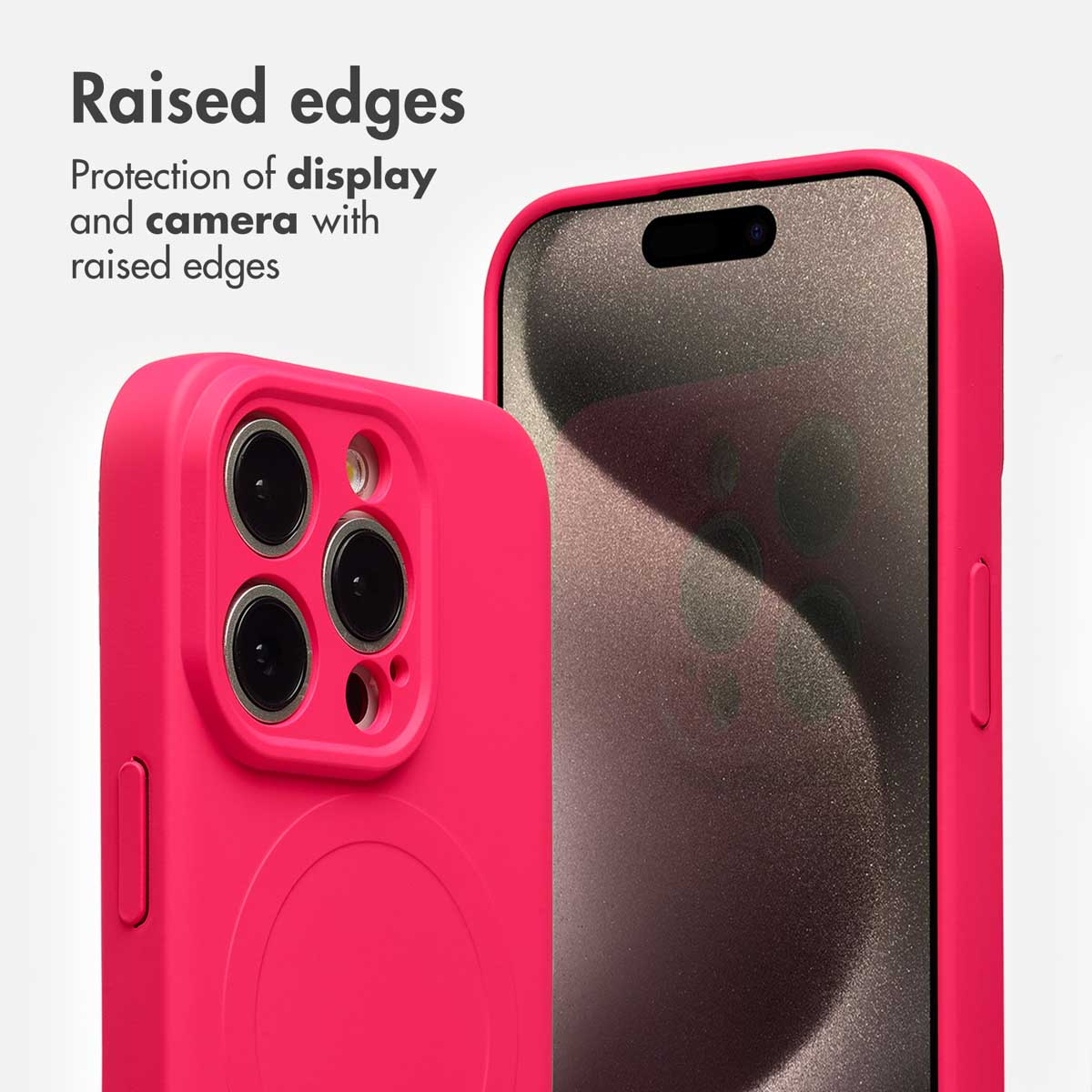 Custodia per smartphone rosa con bordi rialzati per proteggere schermo e fotocamera.