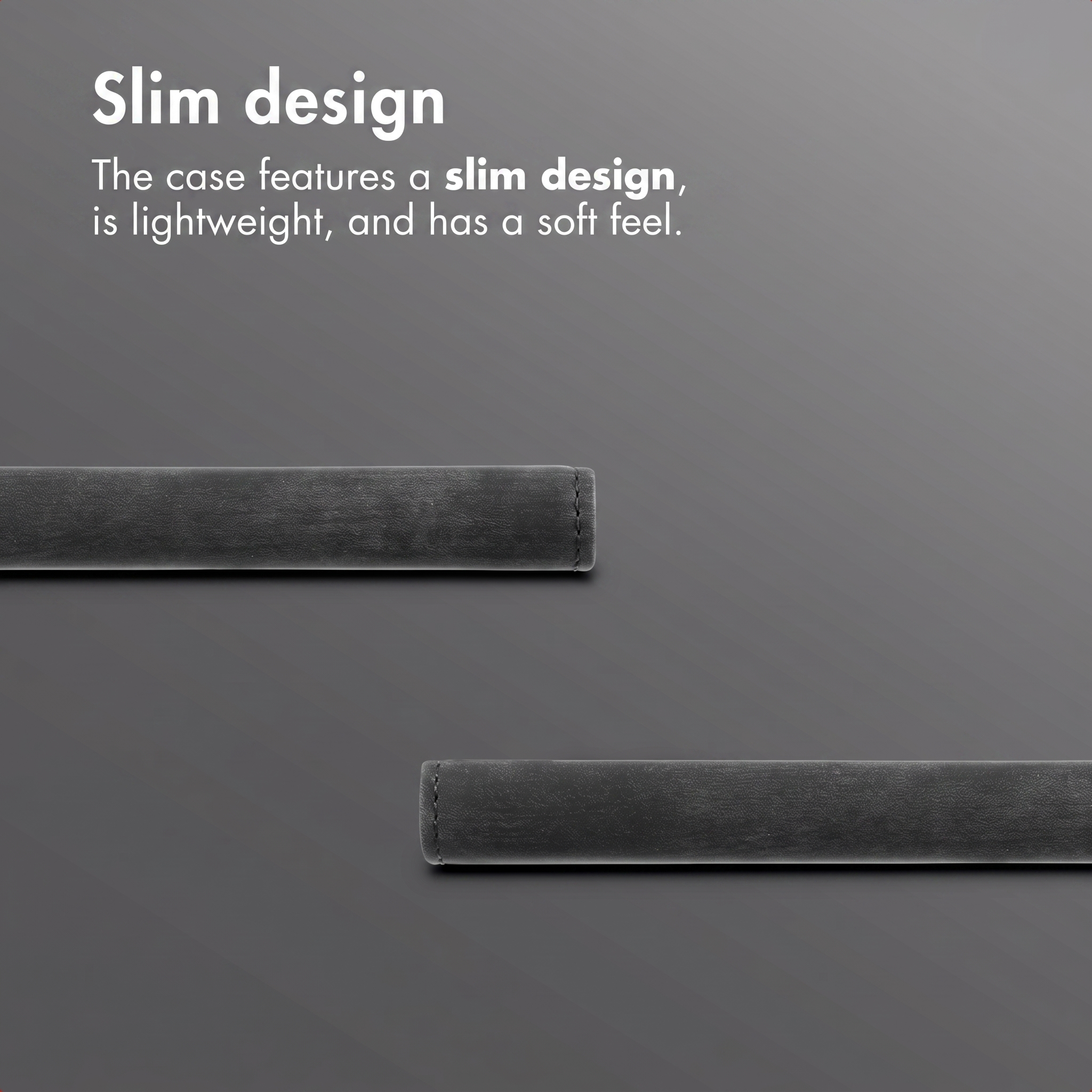 Testo "Slim design" con due bordi scuri e stretti su sfondo grigio.