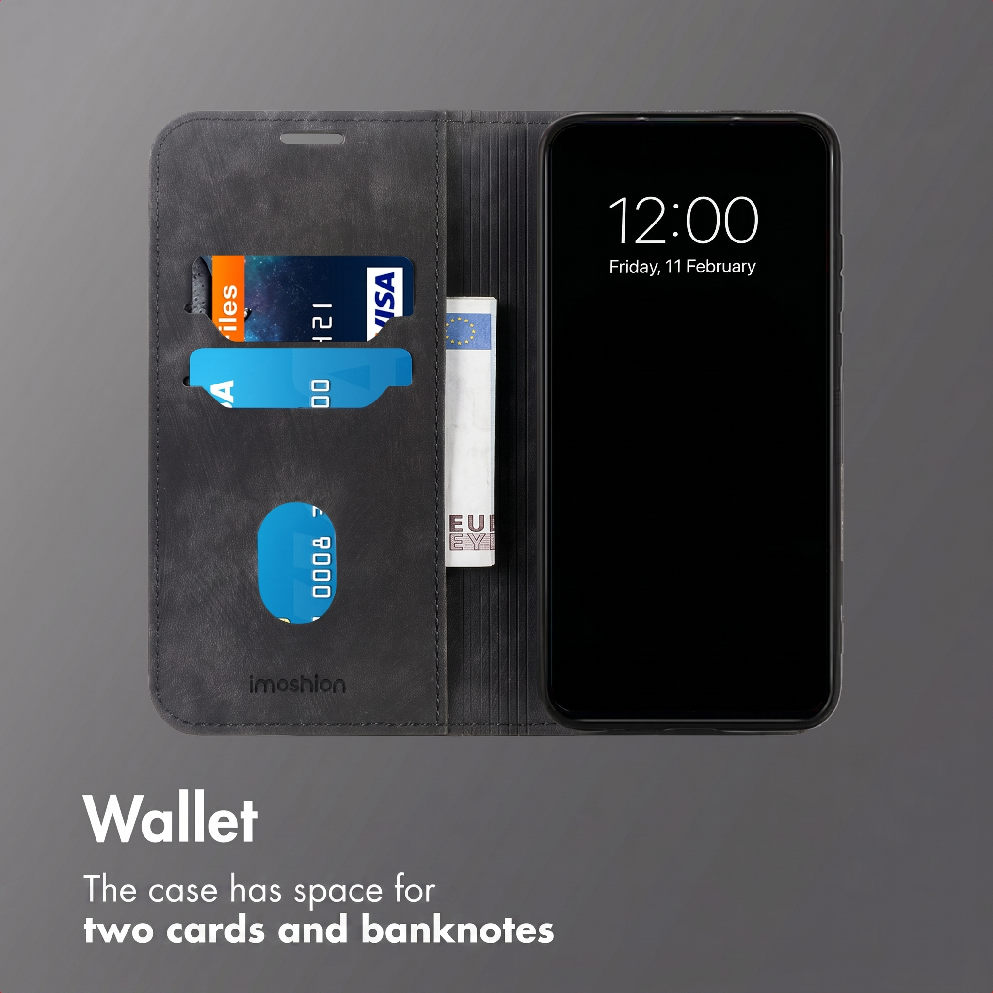 Custodia a portafoglio in pelle nera con slot per carte, banconote e smartphone.