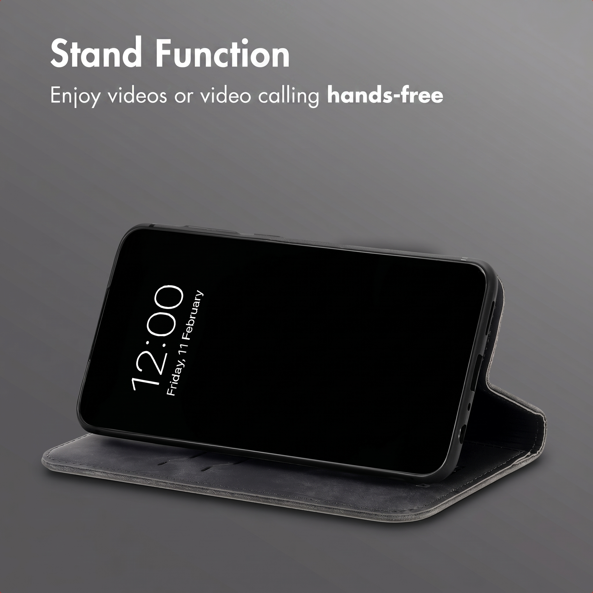 Uno smartphone in una custodia grigia che fa da supporto. Testo in alto: Stand Function.