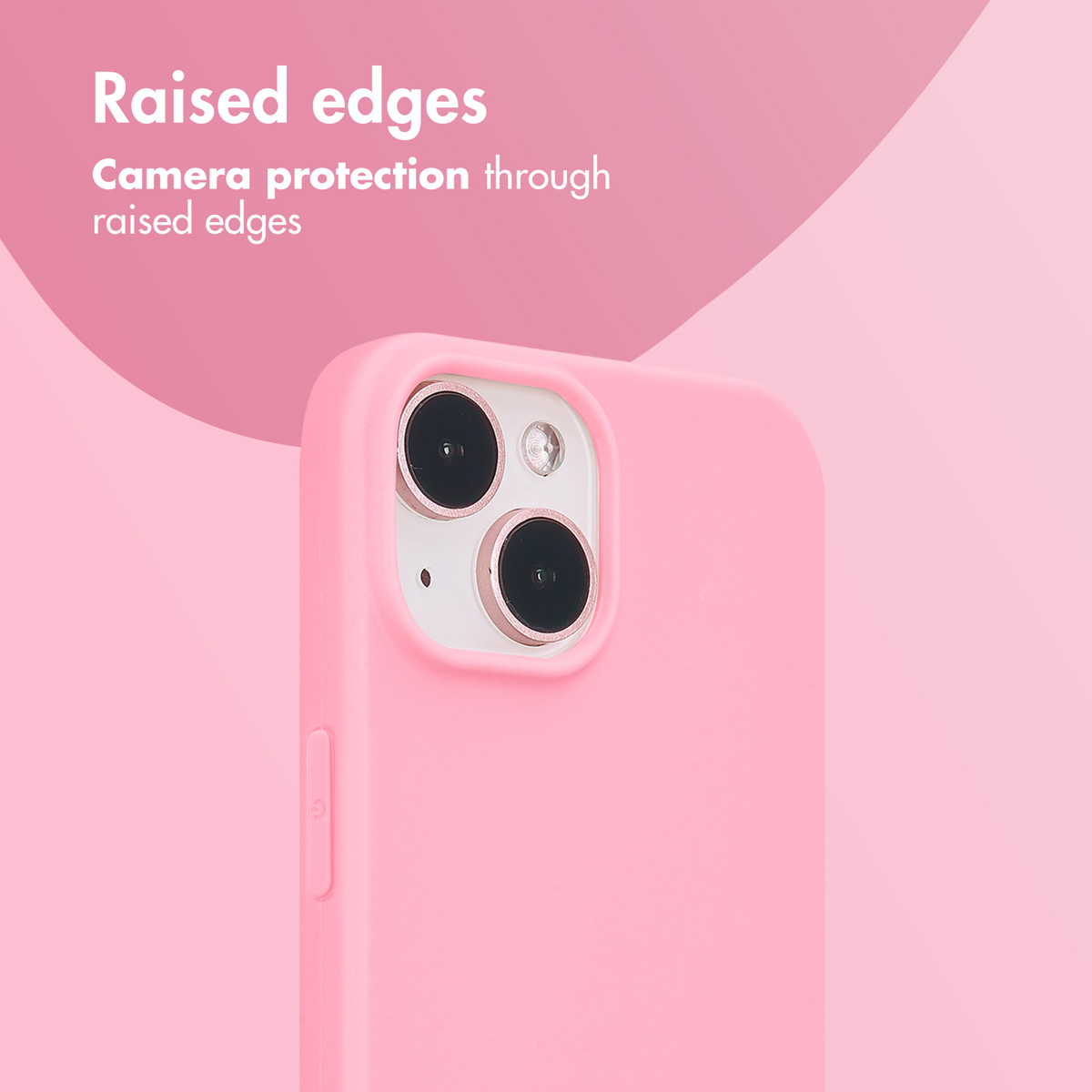 Pink phone case highlighting raised edges for camera protection on a pink background.