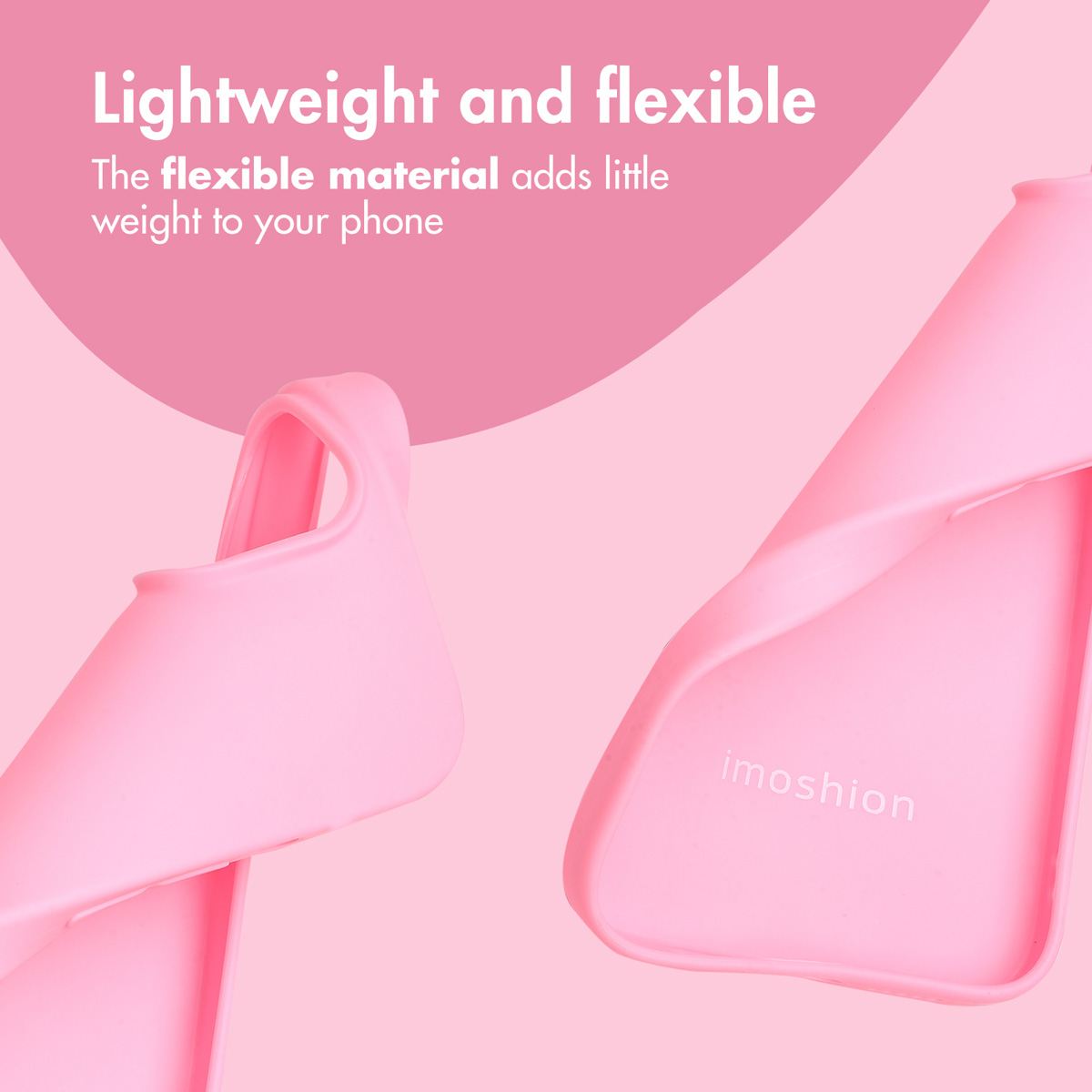 Pink phone cases on a pink background with text reading Lightweight and flexible.