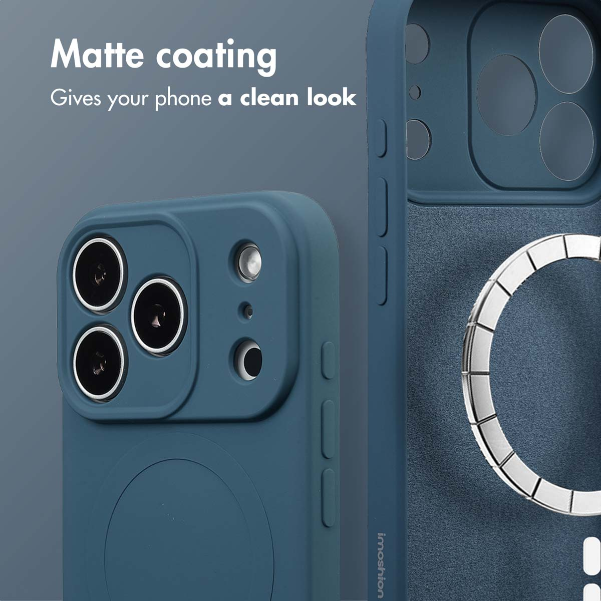 Blaue matte Handyhülle mit Kameraausschnitt und Magnetscheibe.