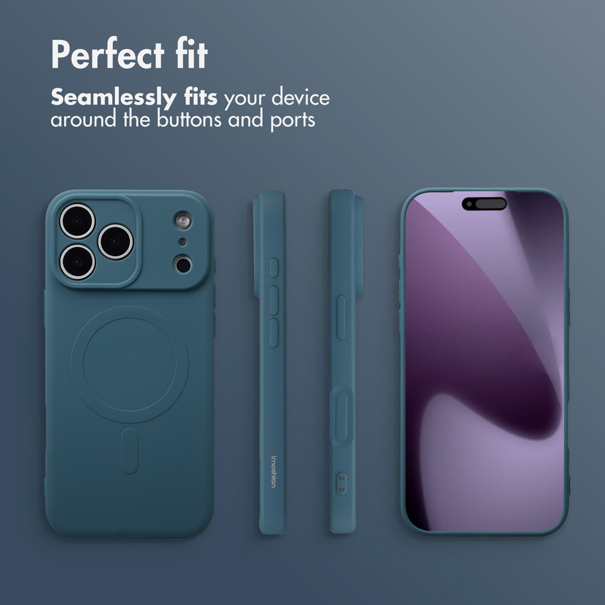 Blaue Smartphone-Hülle aus verschiedenen Blickwinkeln mit Text 'Perfect fit' auf dunklem Hintergrund.