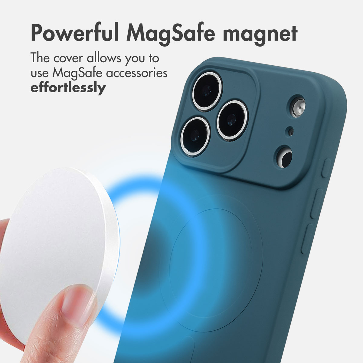 Blaue Telefonhülle mit MagSafe-Magnet und Kameraausschnitt, dazu Text über MagSafe.