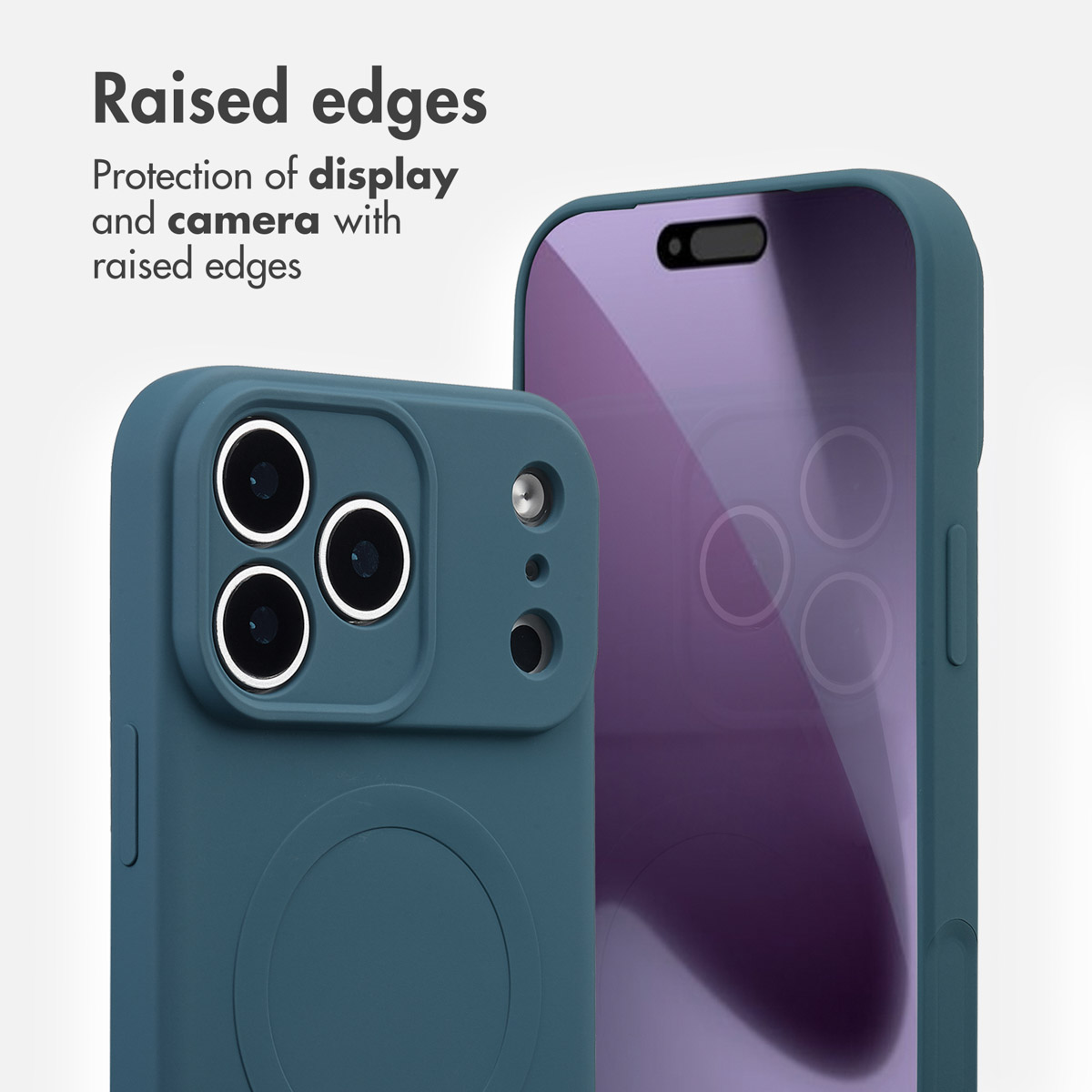 Eine blaue Smartphone-Hülle zeigt erhöhte Kanten zum Schutz von Display und Kamera.