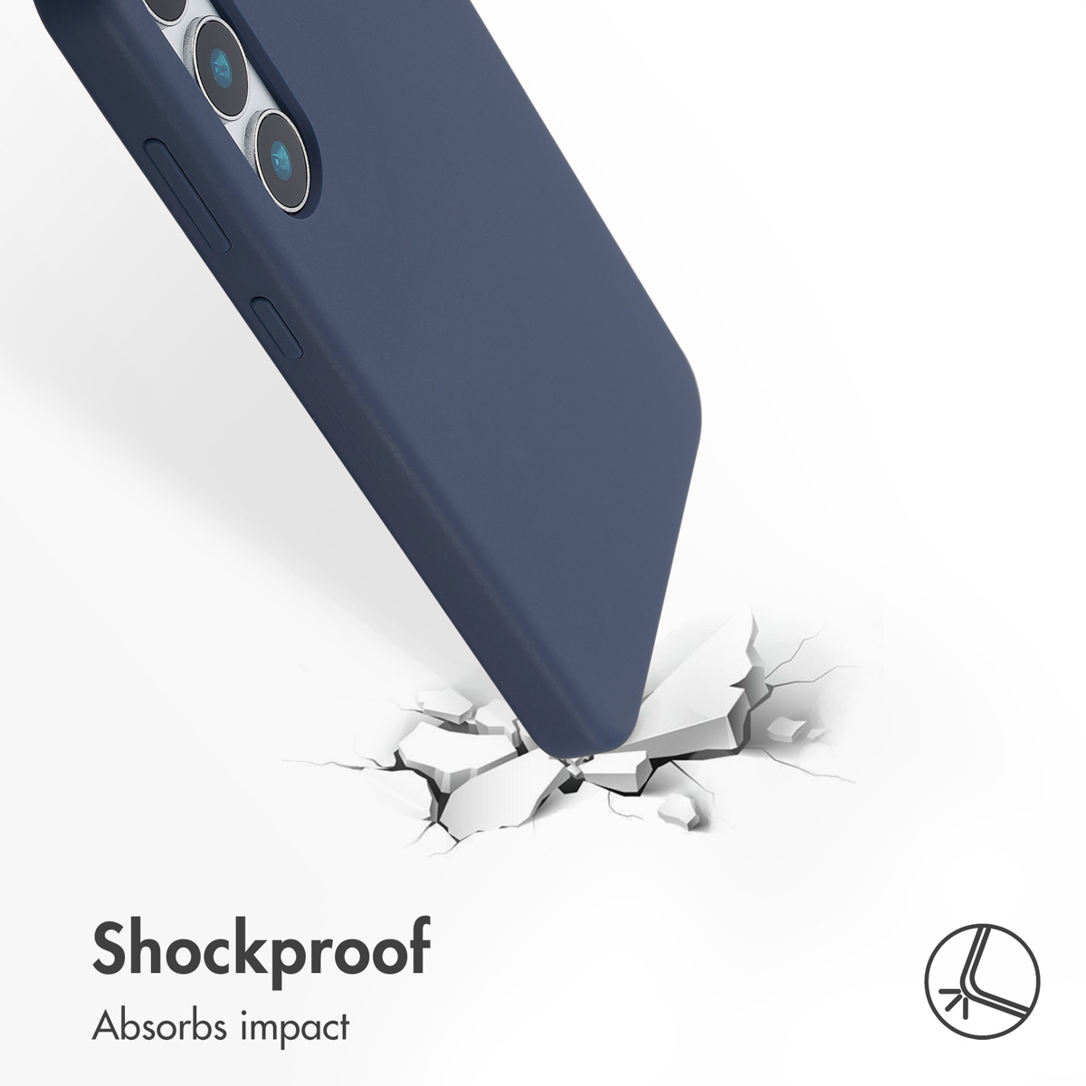 Ein dunkelblaues Smartphone in einer Hülle bricht auf eine weiße Oberfläche.