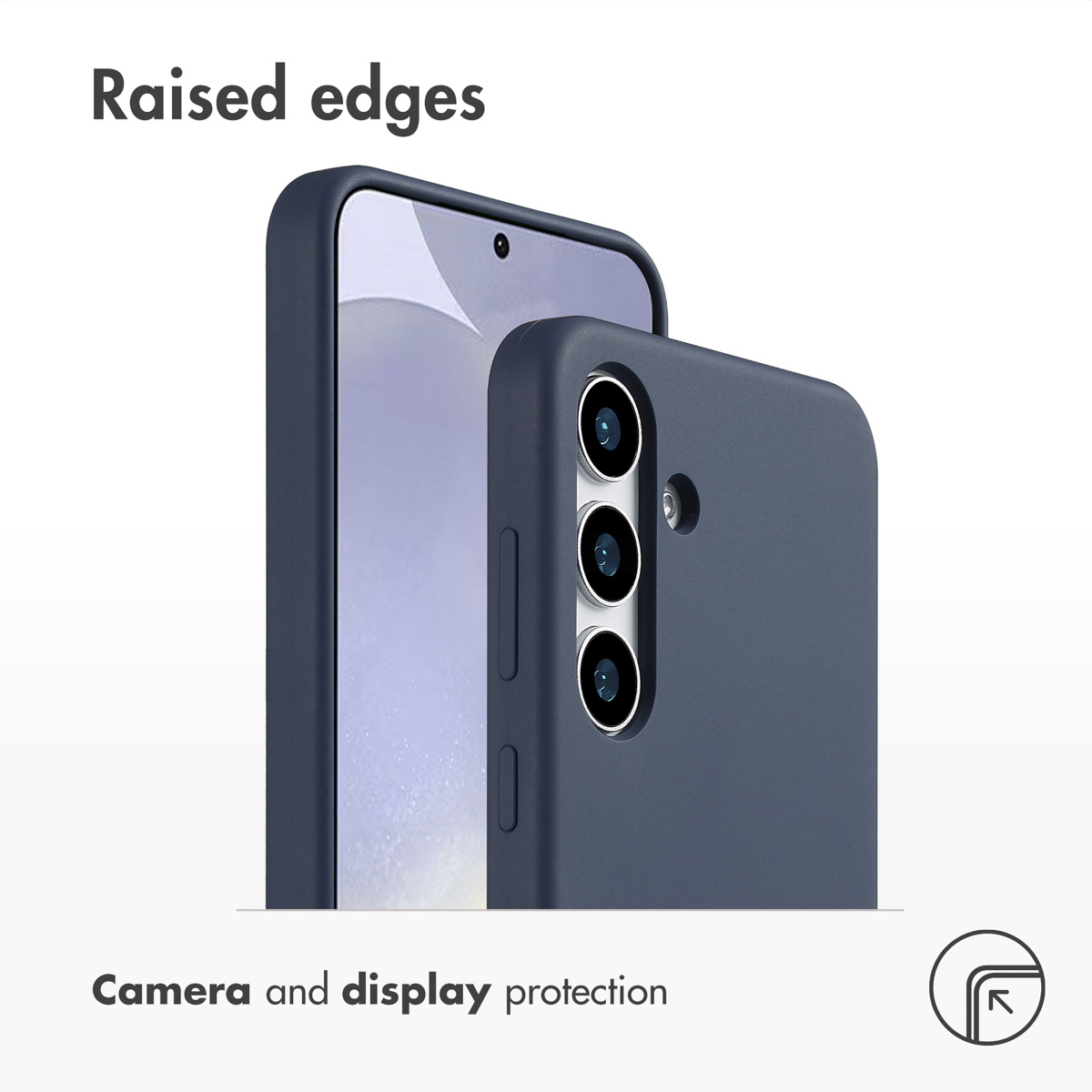 Dunkelblaue Smartphone-Hülle zeigt erhöhte Kanten für Kamera- und Display-Schutz.
