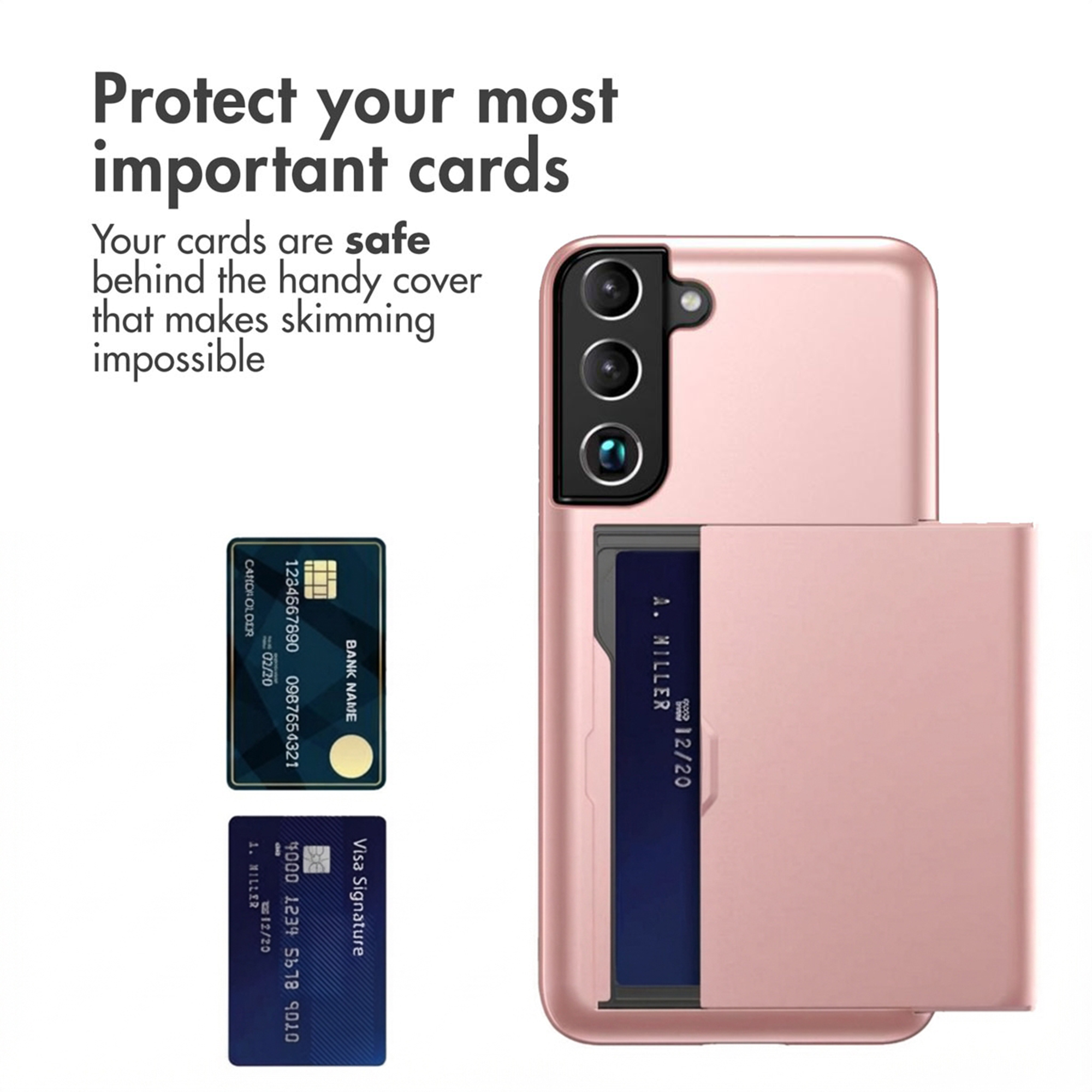 Smartphone rose dans une coque de protection avec fente pour carte intégrée à l'arrière, près de deux cartes.