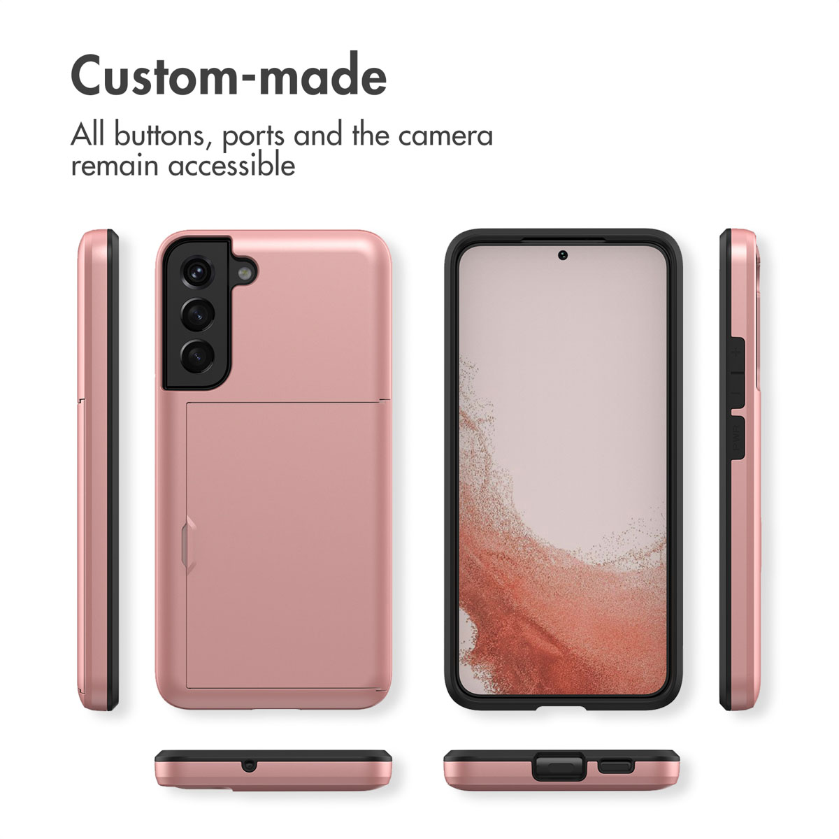 Smartphone rose dans une coque de protection avec porte-cartes, sous plusieurs angles.