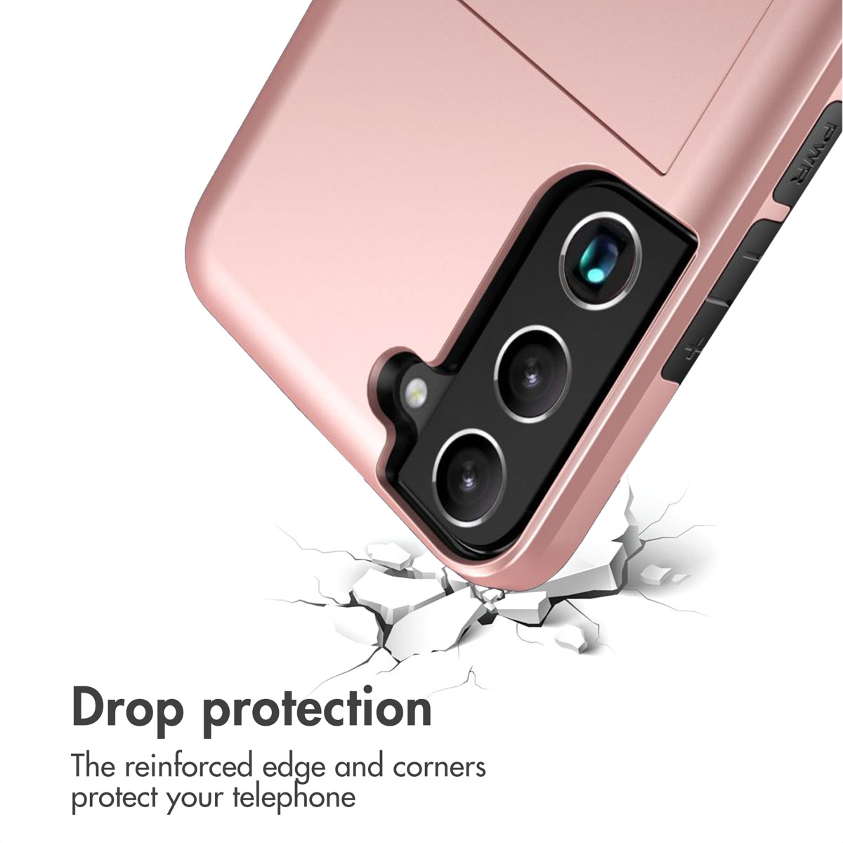 Une coque de smartphone rose avec trois ouvertures pour appareil photo protège contre les chutes.