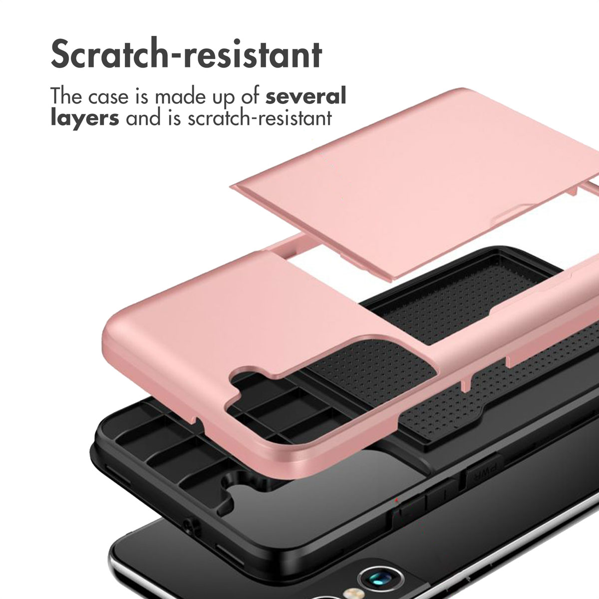 Vue éclatée d'une coque de smartphone multicouche rose et noire anti-rayures.