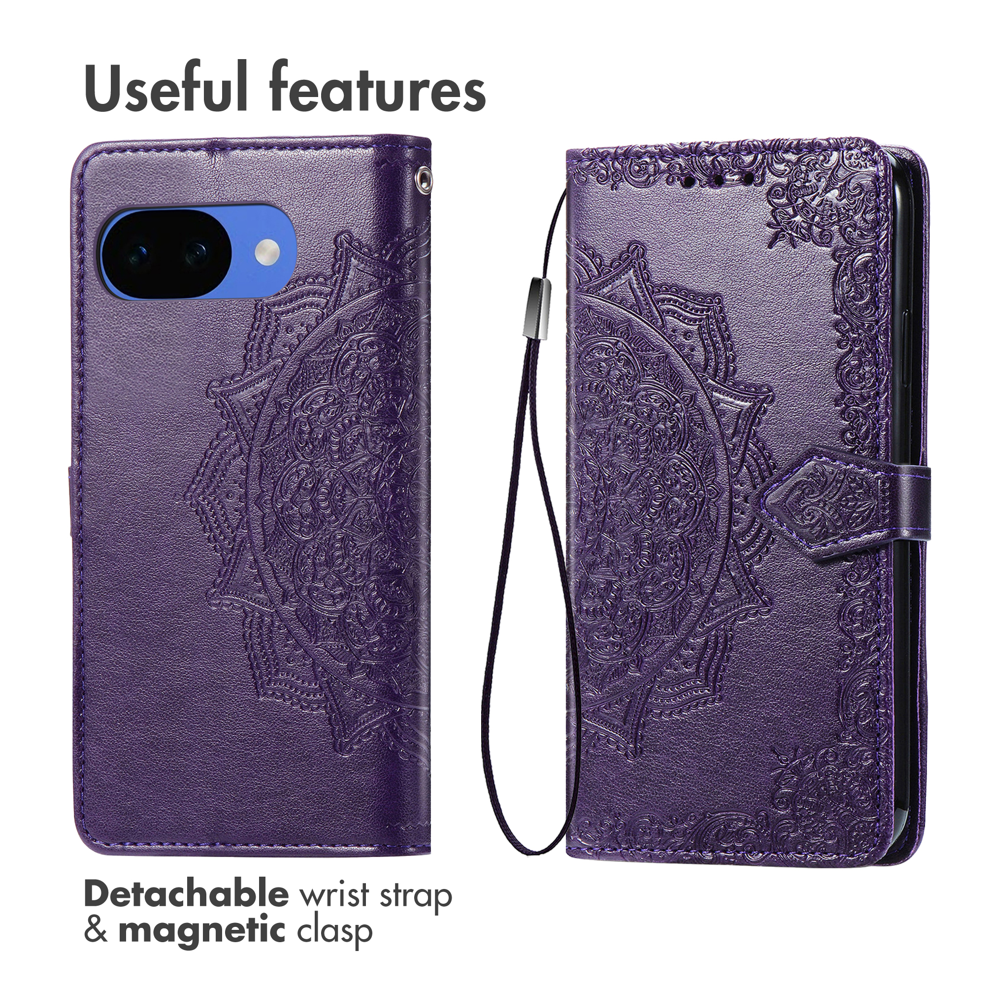 Purple embossed leather phone case with mandala design, wrist strap, and magnetic clasp shown from front and back.