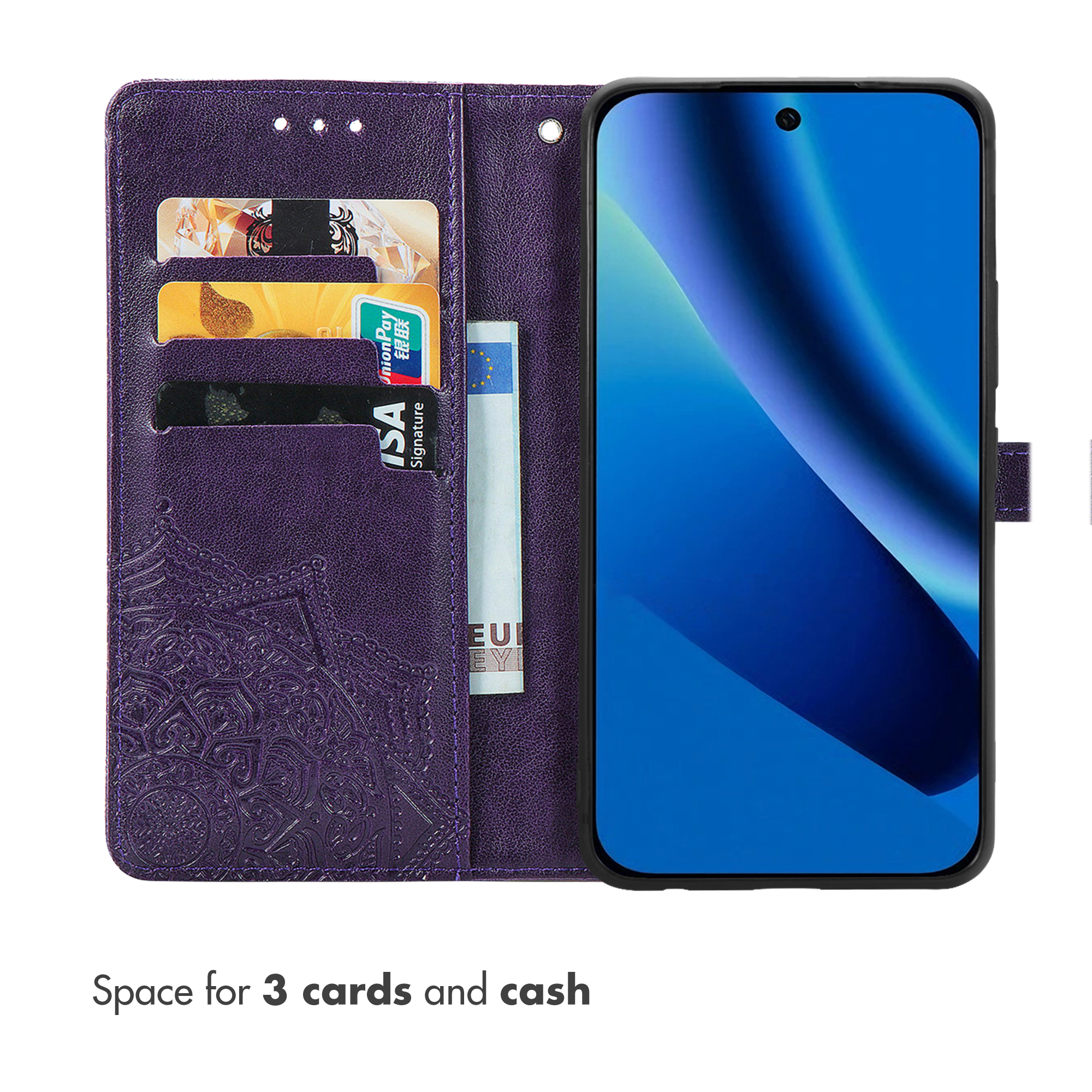 Purple phone wallet case with mandala pattern, three card slots and cash pocket.