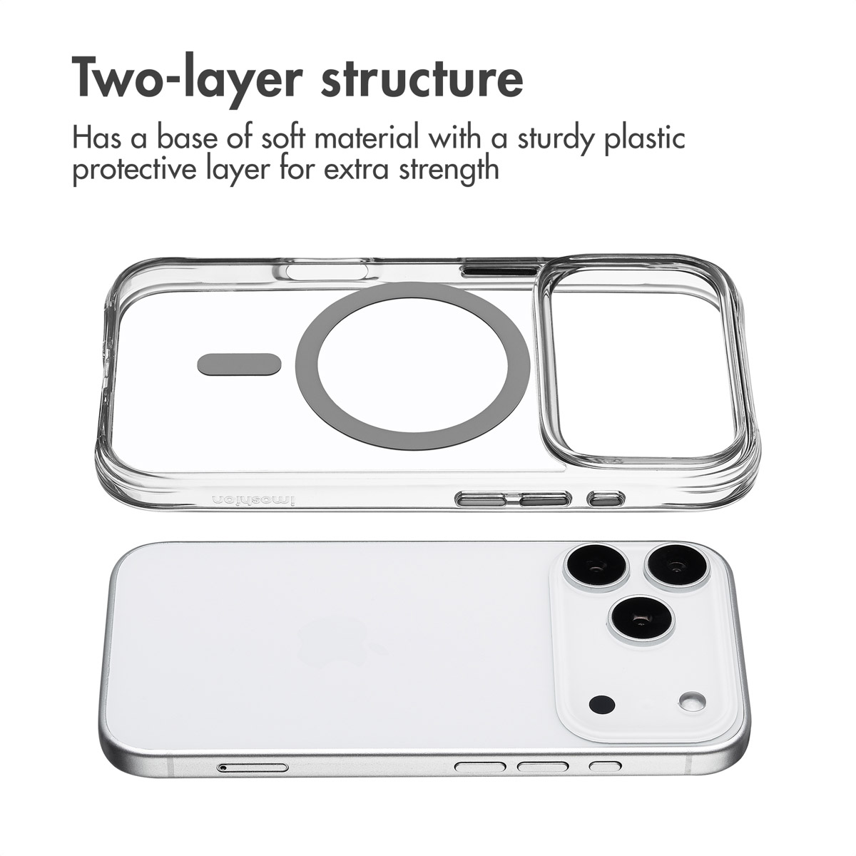 Coque transparente à deux couches avec anneau magnétique intégré et base souple.
