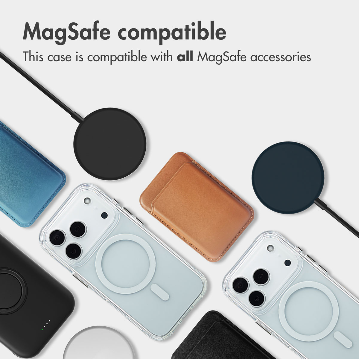 Coques, chargeurs et portefeuilles compatibles MagSafe affichés sur fond blanc.