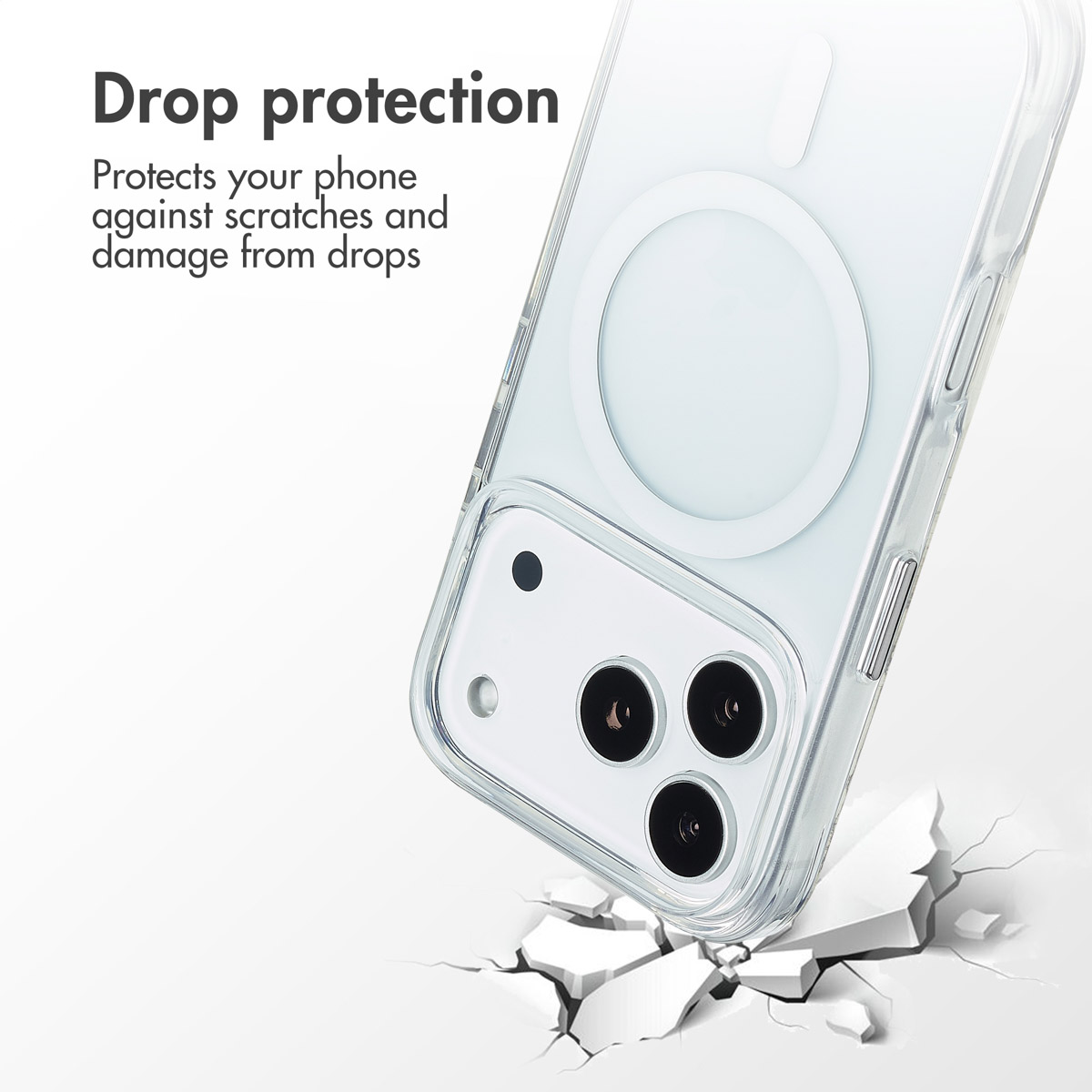 Coque transparente avec MagSafe protégeant contre les chutes, texte Drop protection.