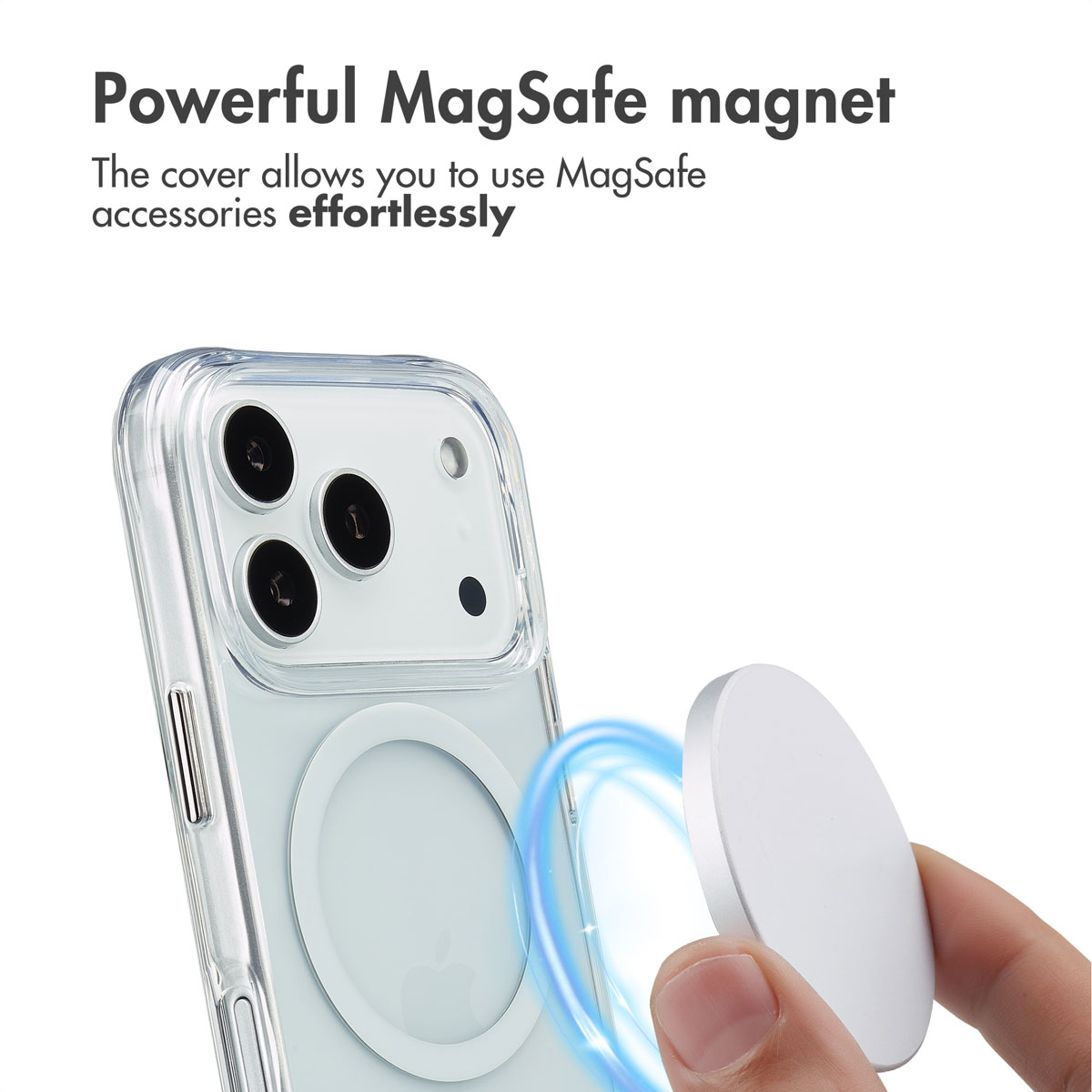 Téléphone dans coque de protection avec aimant MagSafe et texte.
