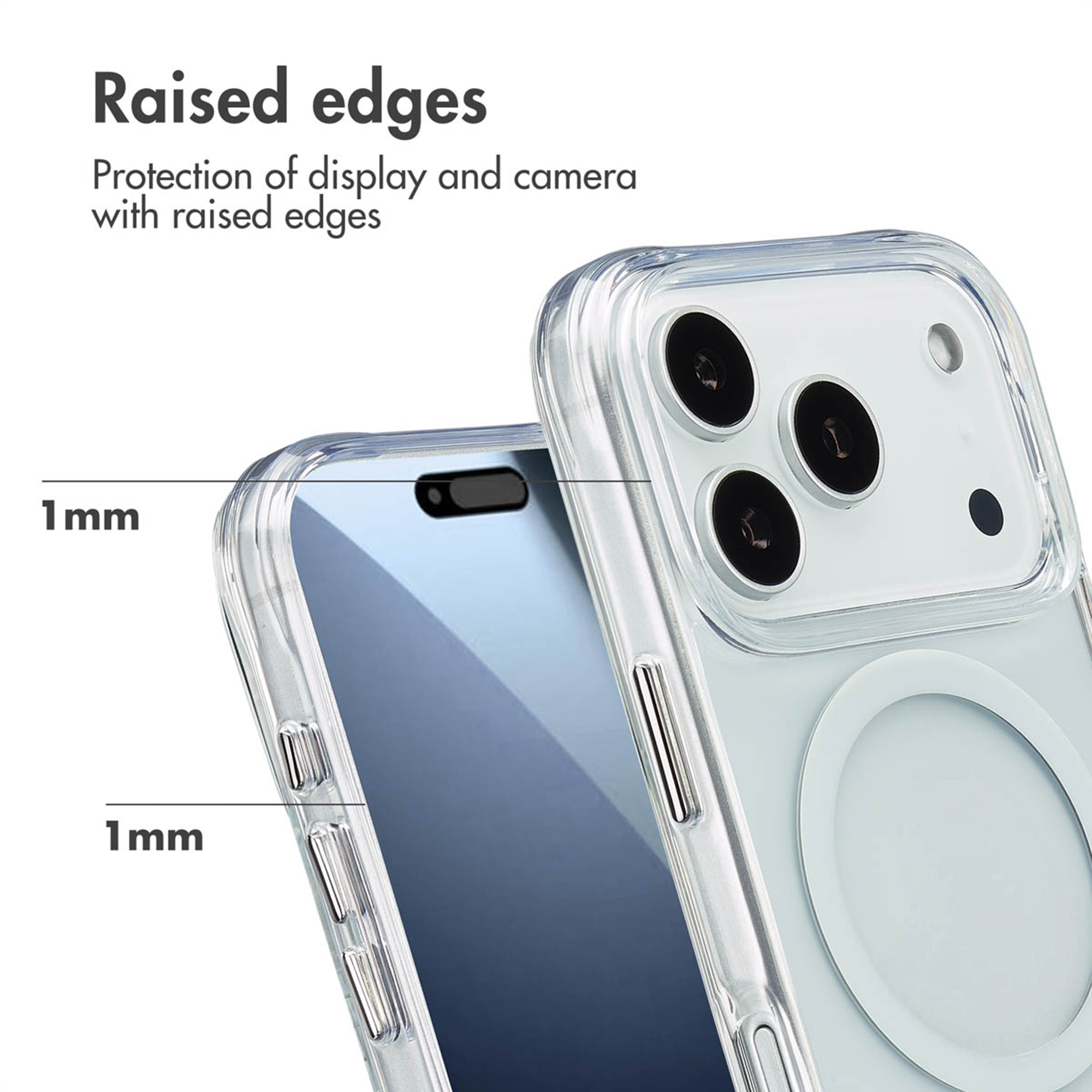 Coque transparente avec bords surélevés pour protéger l'écran et l'appareil photo.