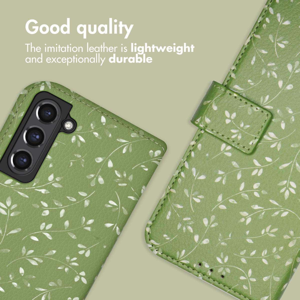 Étui de téléphone en similicuir vert avec motif de feuilles blanches et découpes pour caméra sur fond vert clair.