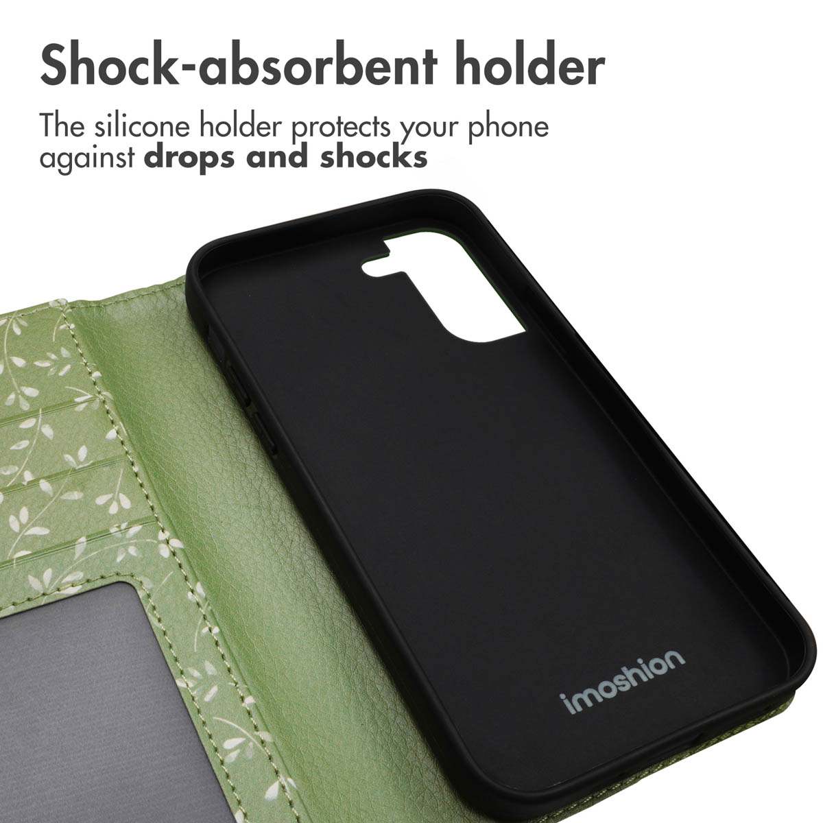 Coque de protection verte avec support en silicone noir à l'intérieur et motif blanc.