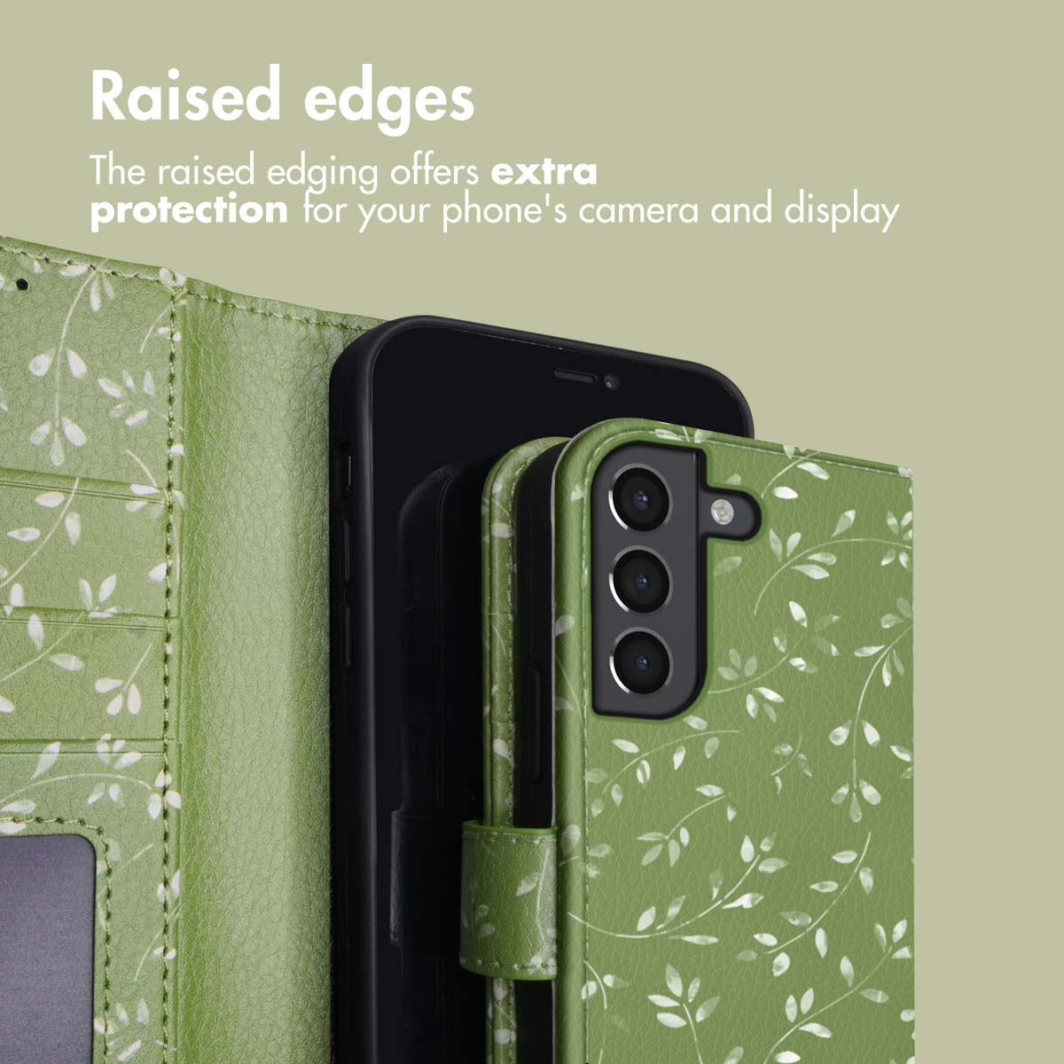 Coque de téléphone verte à motif de feuilles avec bords surélevés.