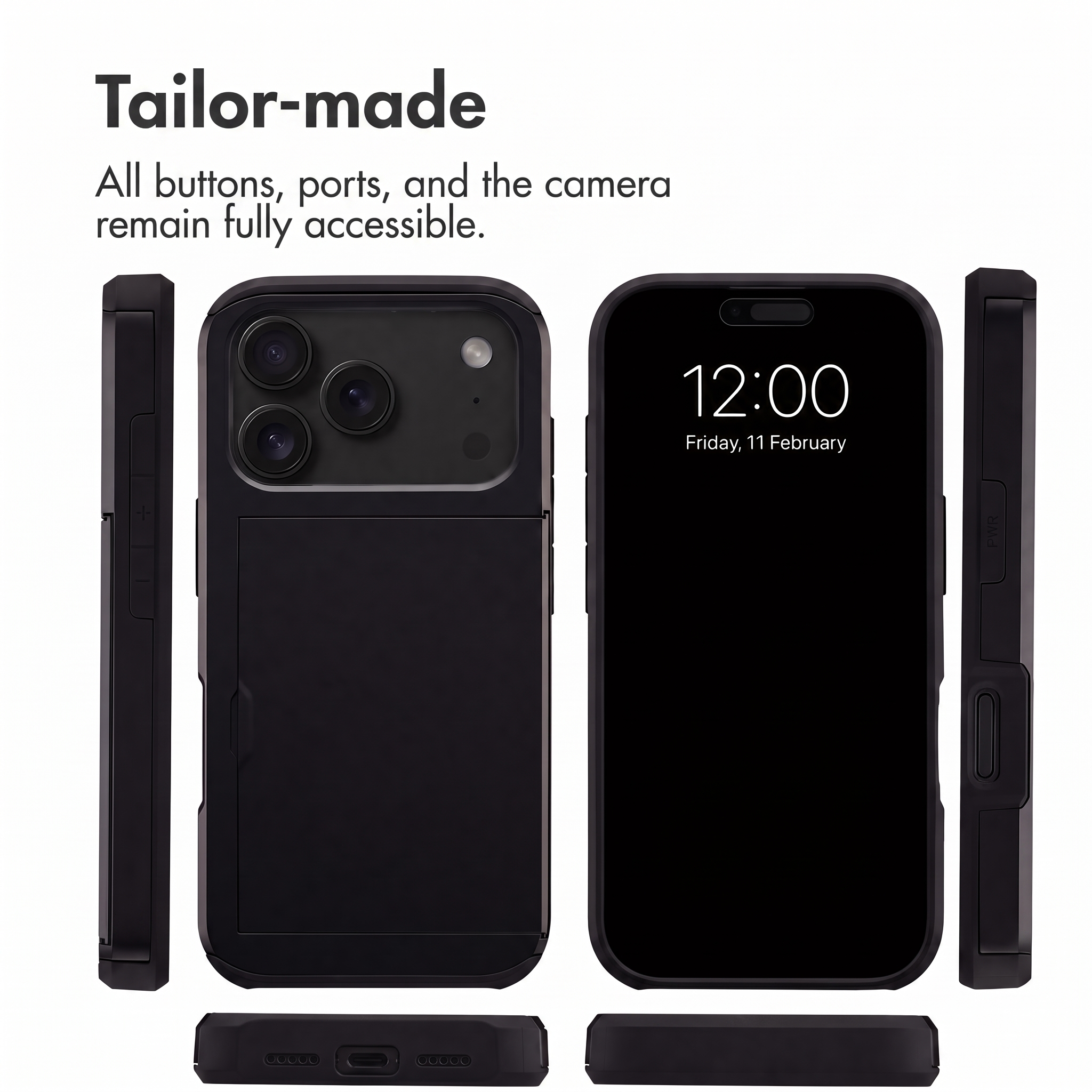Vier Ansichten einer schwarzen Smartphone-Hülle mit zugänglichen Tasten, Anschlüssen und Kamera, mit Text oben.