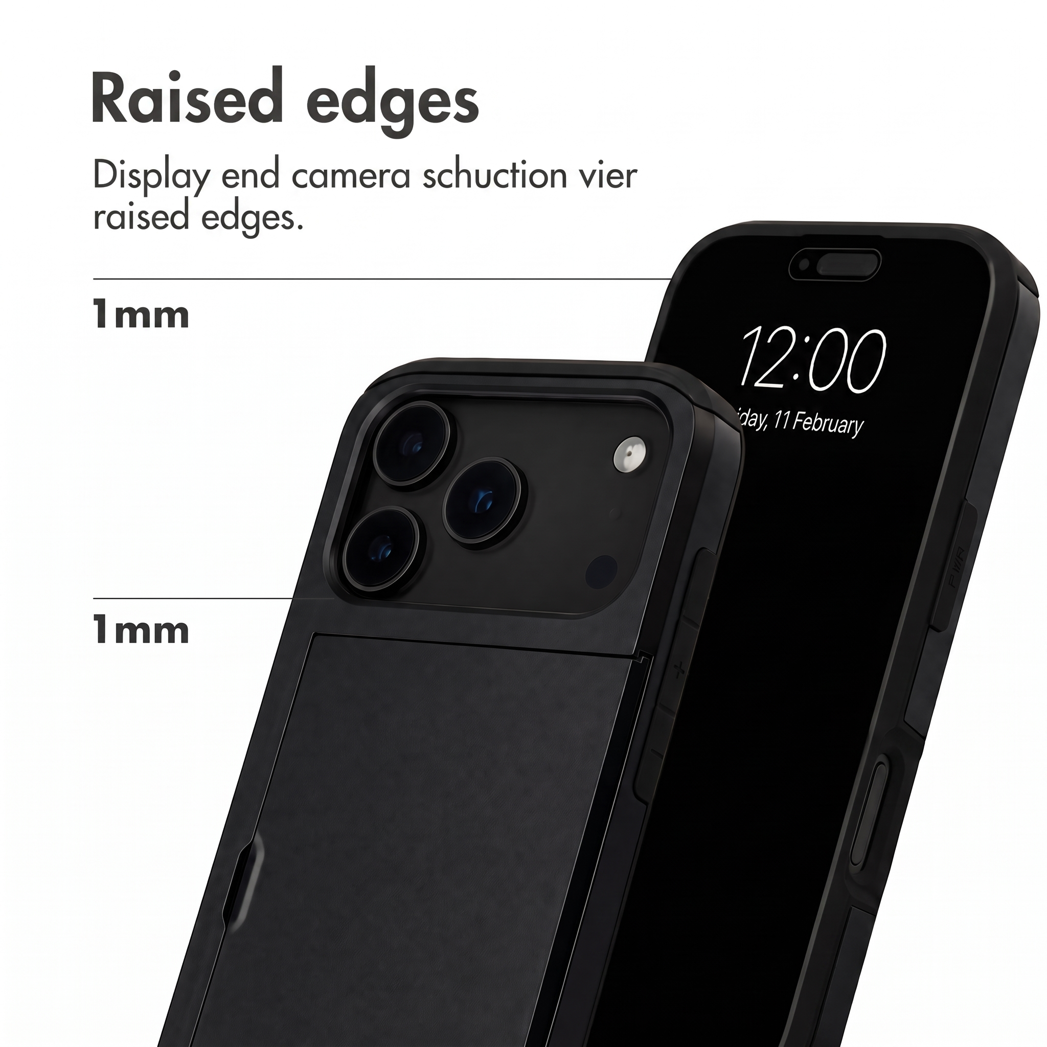 Schwarze Handyhülle mit 1mm erhöhten Kanten zum Schutz von Display und Kamera.