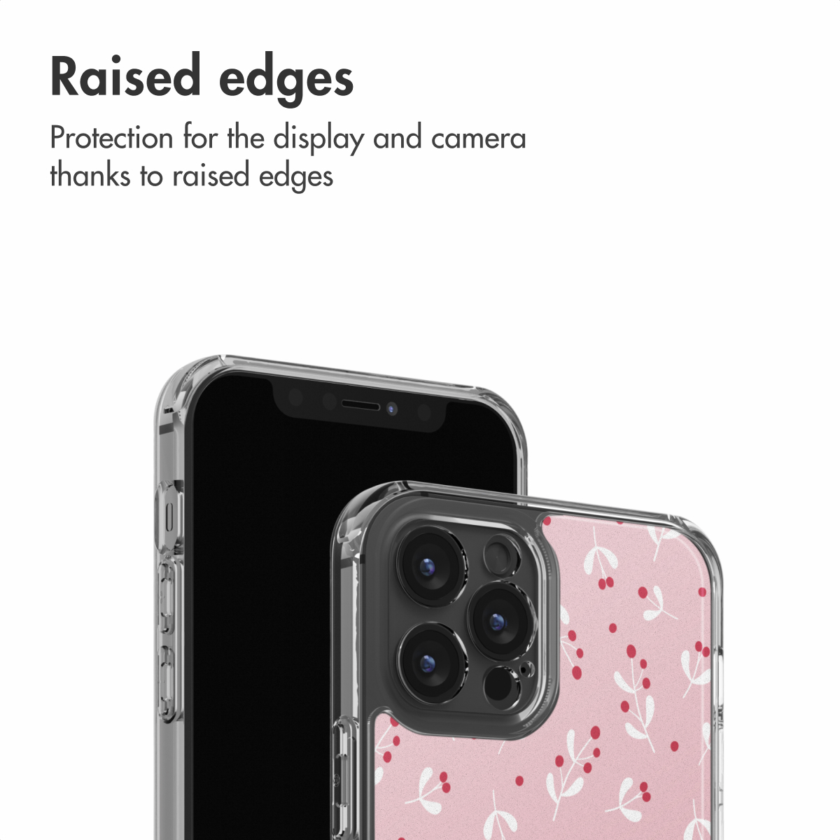 Dos iPhones en fundas transparentes protectoras con bordes elevados, texto arriba.