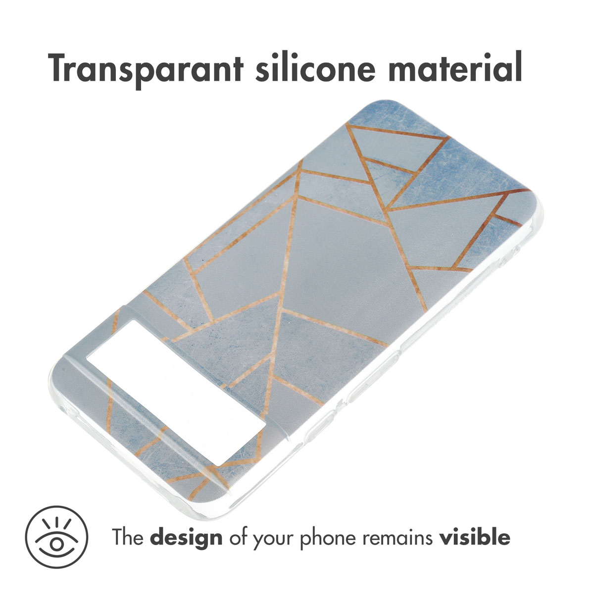 Cover per telefono in silicone trasparente con motivo geometrico blu.