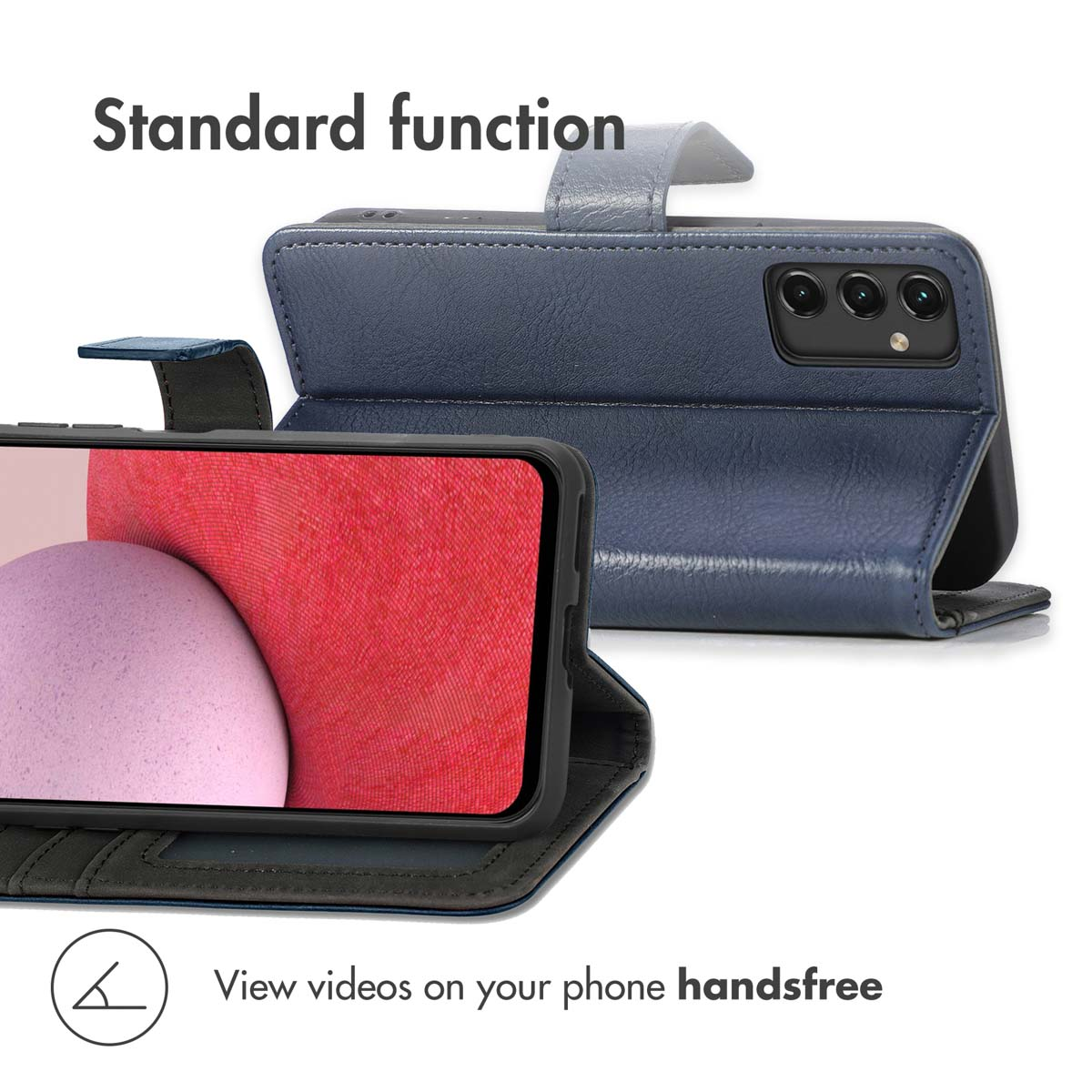 Étui portefeuille en cuir bleu pour smartphone servant de support pour visionner des vidéos.