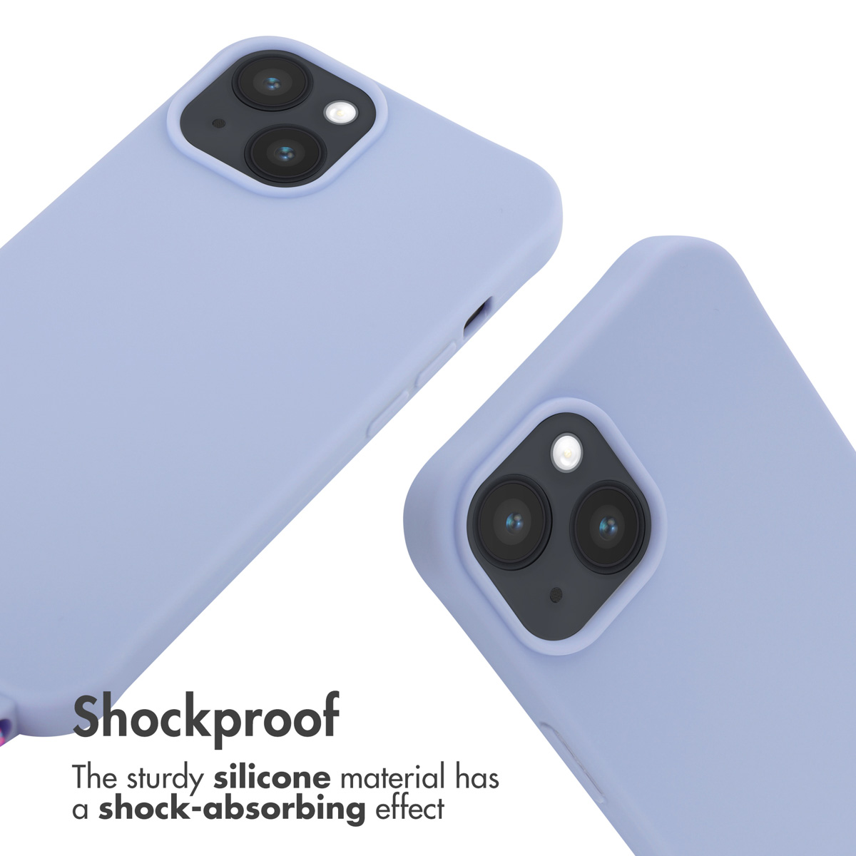 Deux coques de téléphone en silicone violet clair sur fond blanc avec du texte sur l'antichoc.
