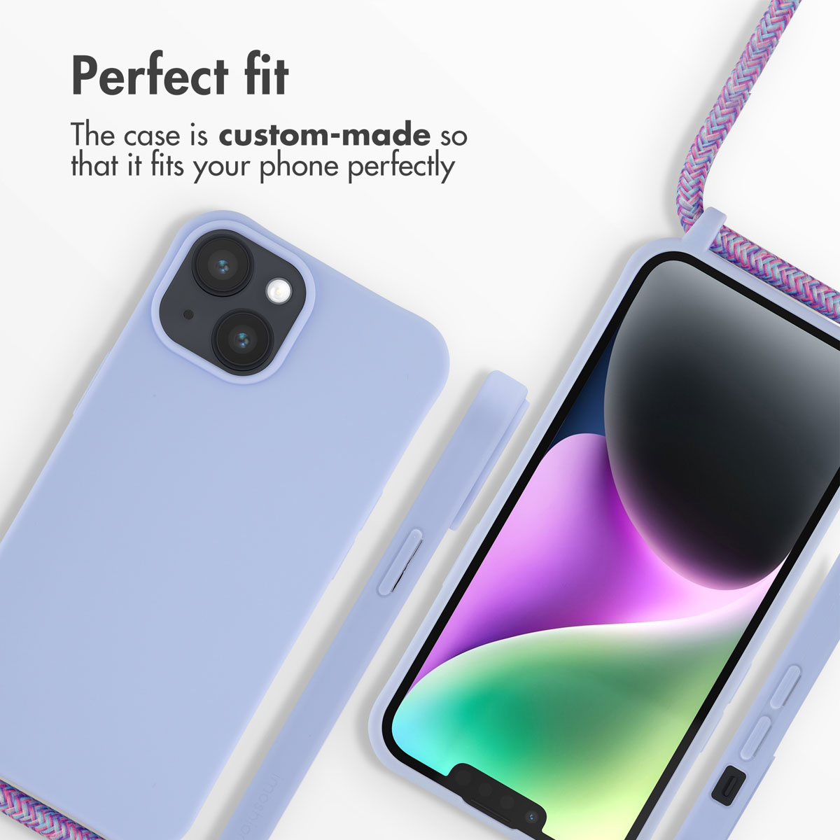 Coque de téléphone violette avec lanière et texte "Perfect fit" sur fond blanc.