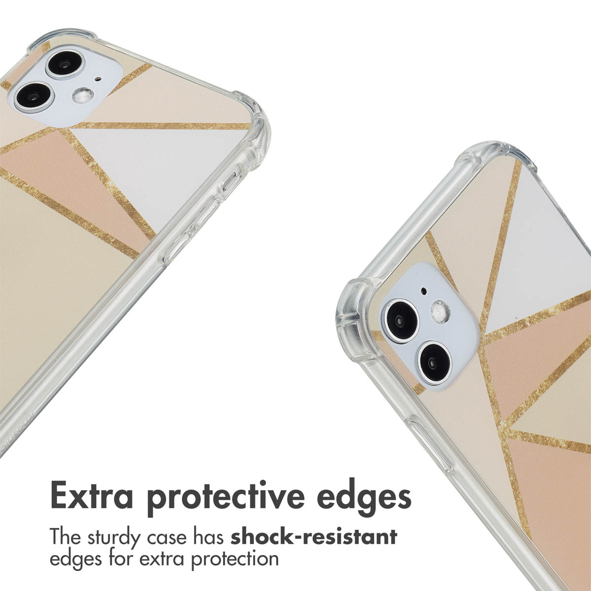 Deux coques de téléphone au design géométrique rose, blanc et or, avec des coins antichocs.