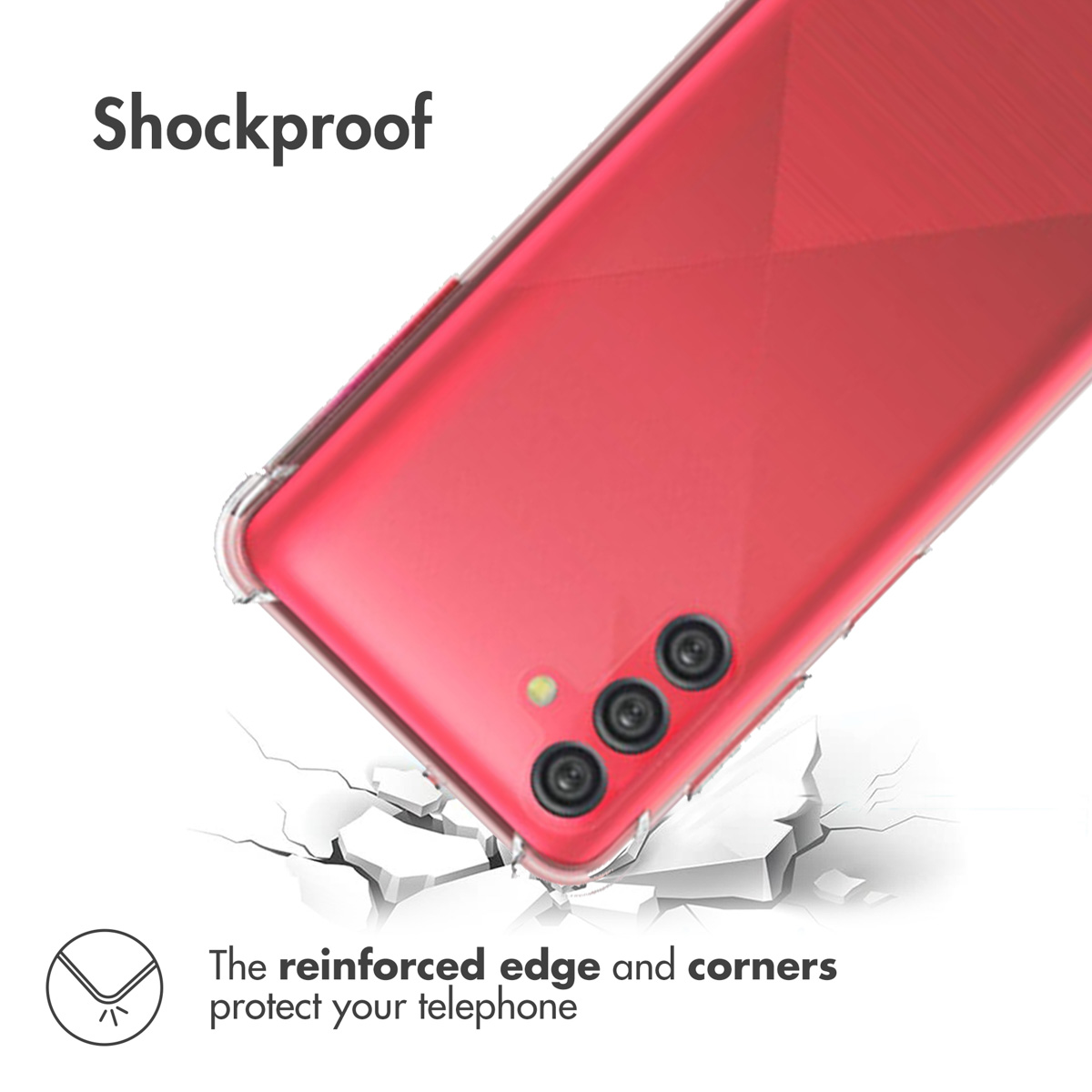 Un smartphone rouge dans une coque de protection antichoc avec coins renforcés au-dessus d'une surface fissurée.