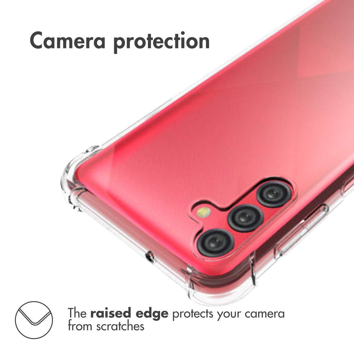 Smartphone rouge dans une coque transparente avec bord surélevé protégeant l'appareil photo.