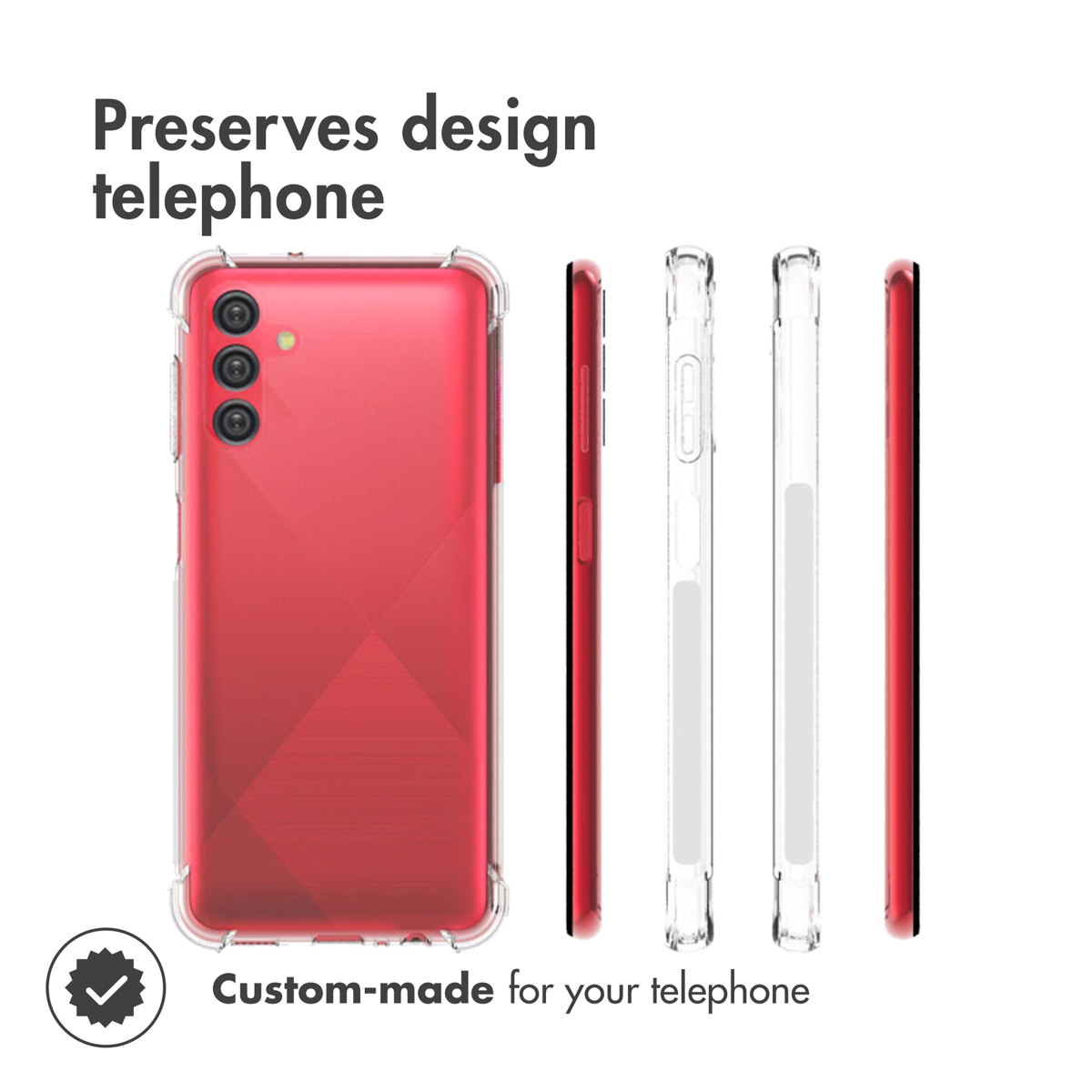 Smartphone rouge avec coque de protection transparente vu de plusieurs côtés.