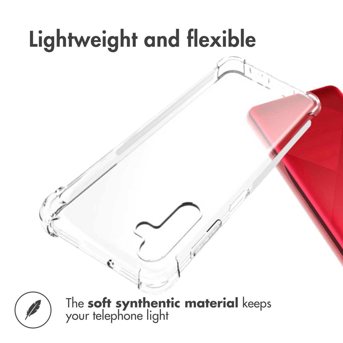 Une coque de téléphone transparente, légère et flexible à côté d'un smartphone rouge.