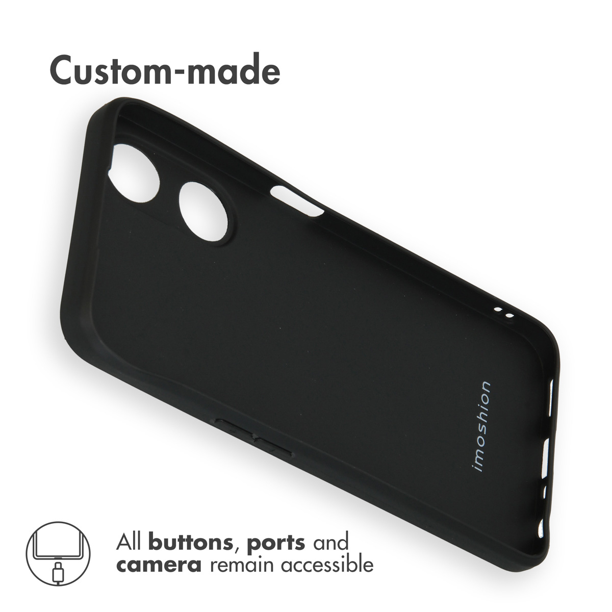 Funda de móvil negra con aberturas para cámara y botones.