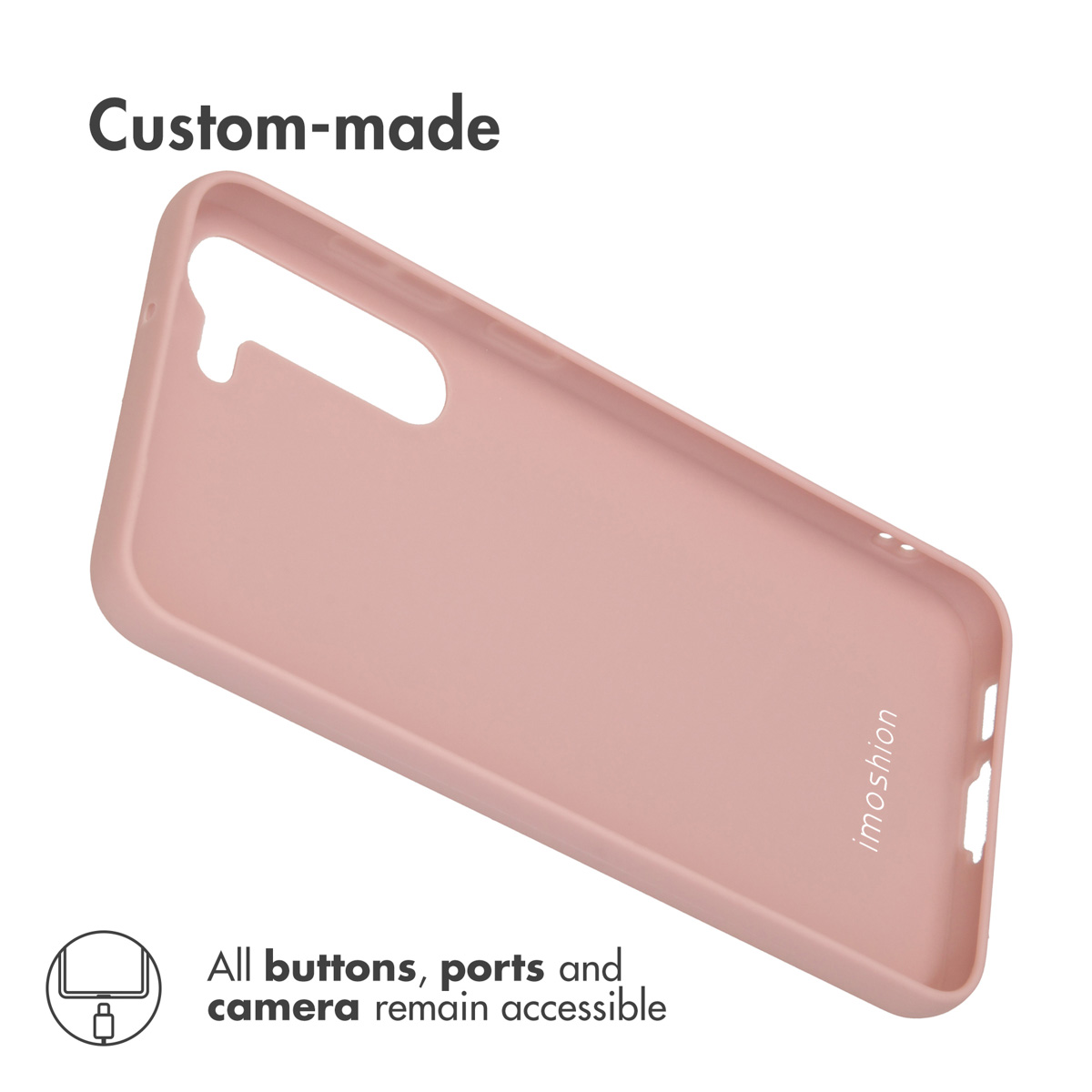 Une coque de smartphone en silicone rose pastel avec découpe pour l'appareil photo et texte.
