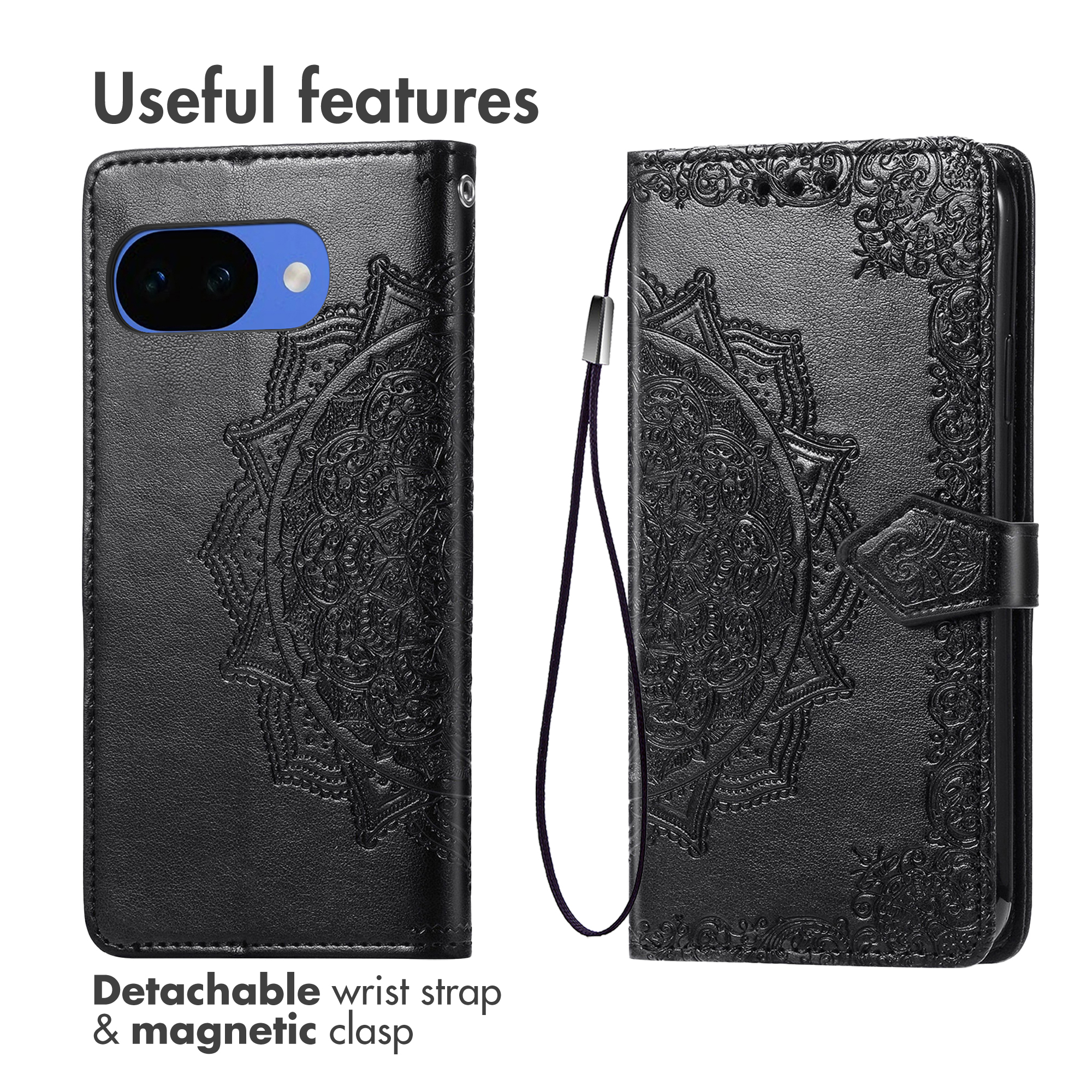 Black leather phone case with mandala embossing, detachable wrist strap, and magnetic clasp.