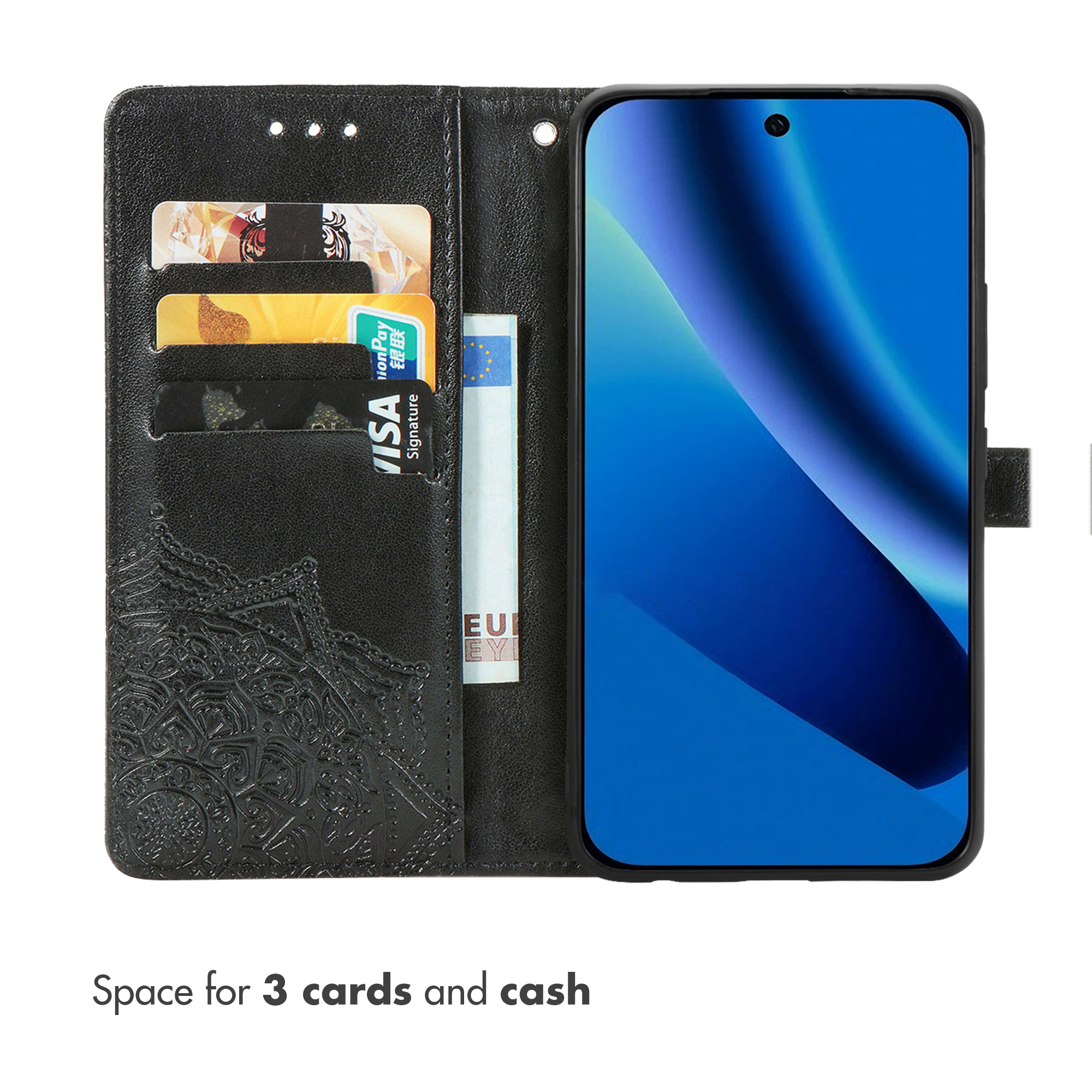 Black leather phone wallet case with floral embossing, three card slots, cash pocket, and smartphone.