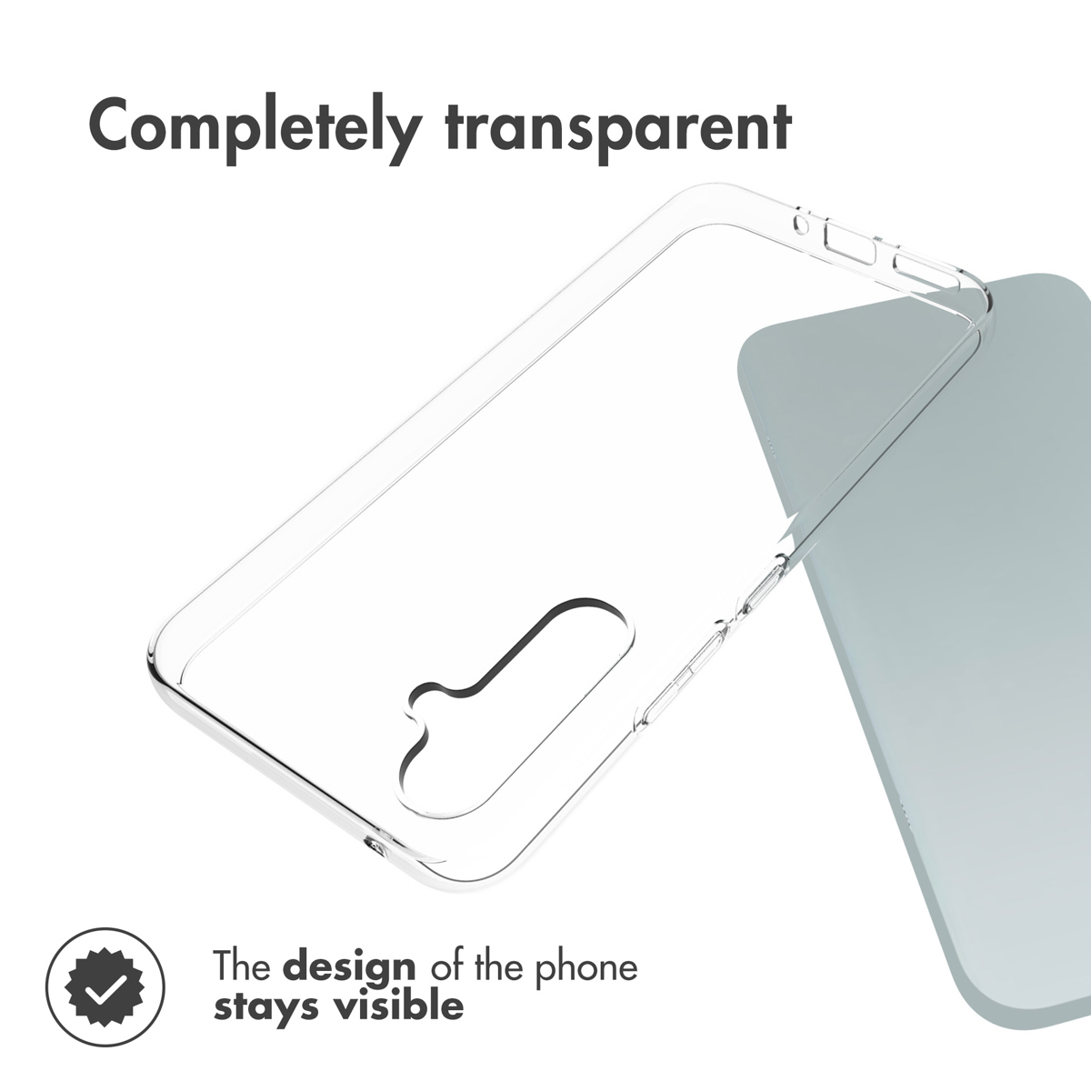 Une coque de téléphone transparente avec un smartphone bleu clair partiellement à l'intérieur.